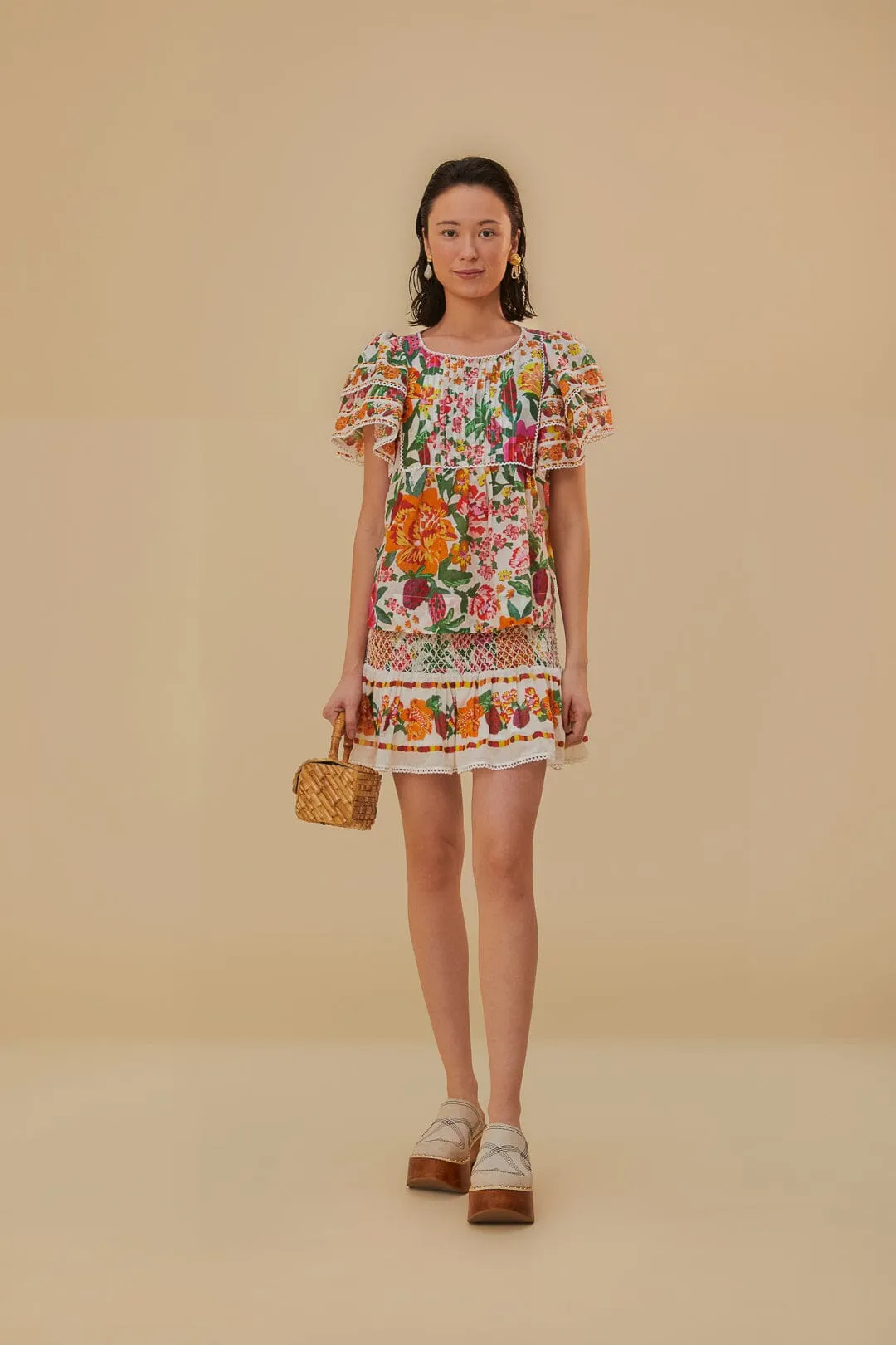 Refined Sophistication Neat Finish Off-White Flowerful Sketch Mini Skirt