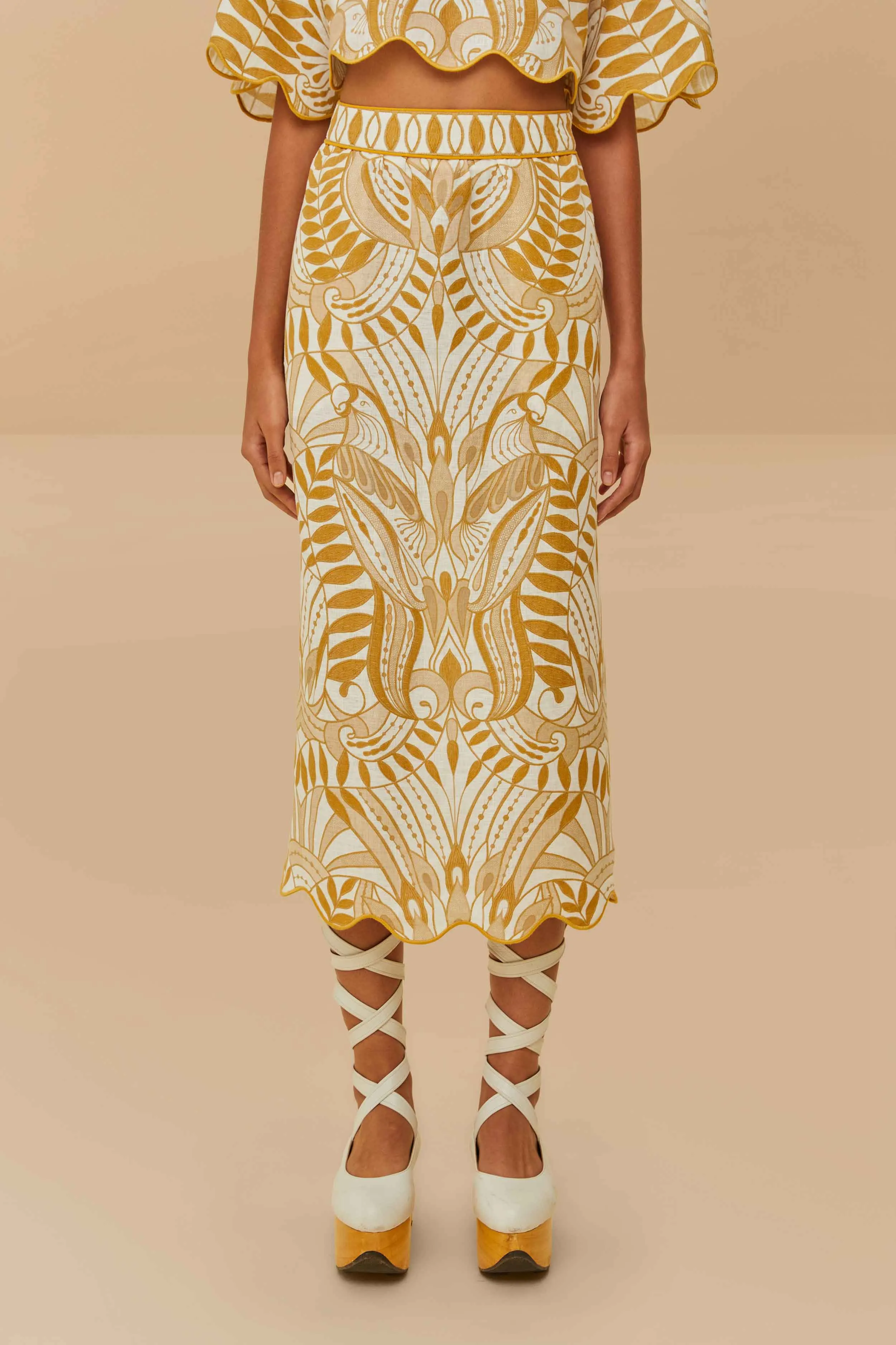 Tonal Look Off-White Lace Nature Euroflax? Premium Linen Midi Skirt