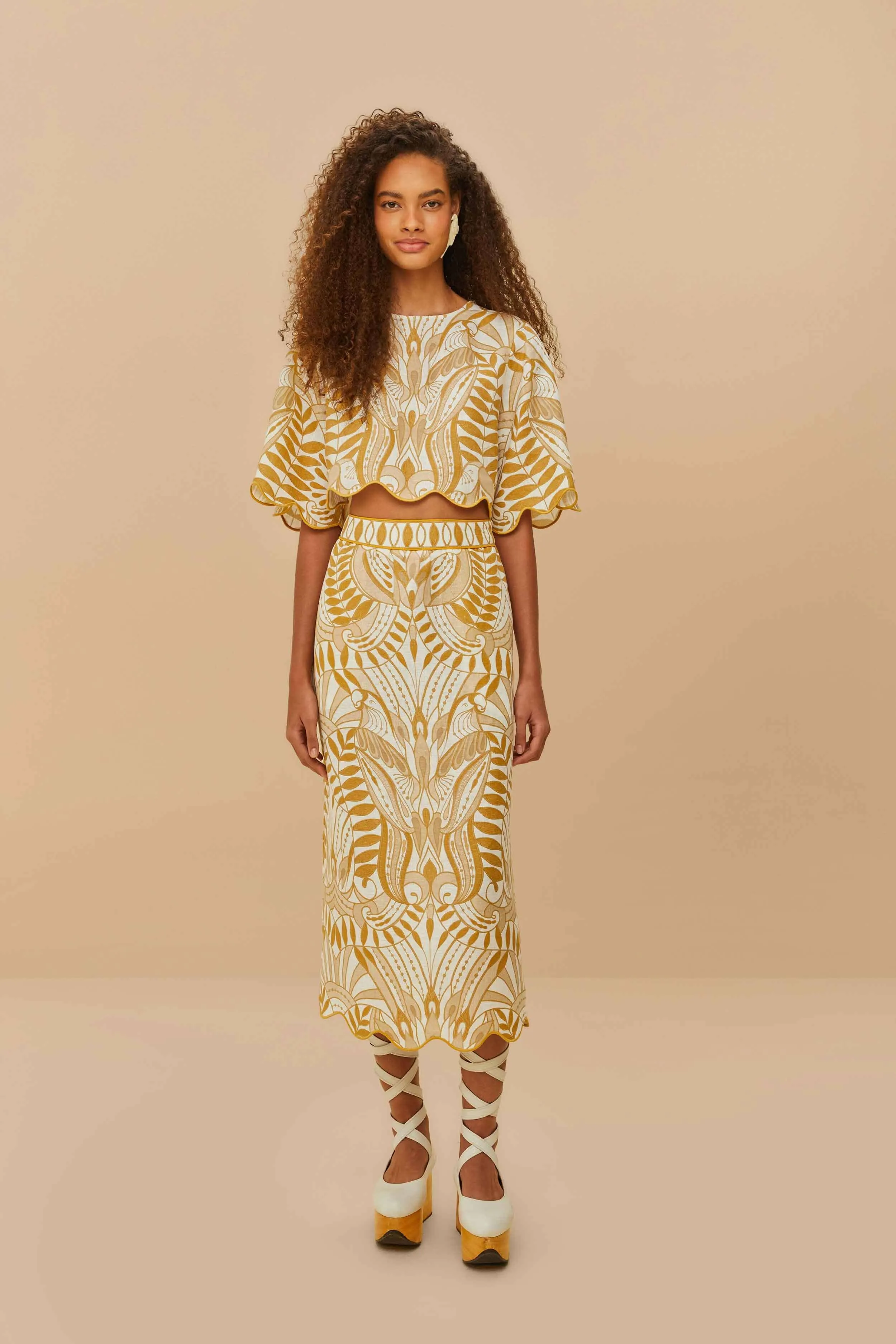 Off-White Lace Nature Euroflax? Premium Linen Midi Skirt light colors Embossed Detail