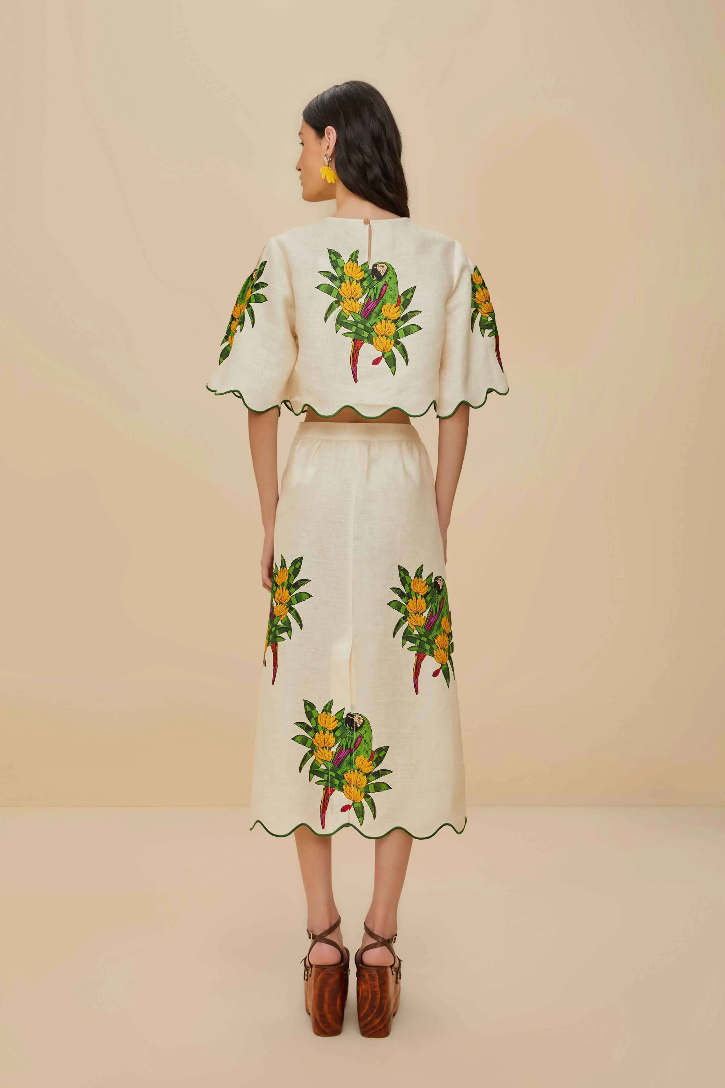 Print Mix Off-White Maracana Bird Euroflax? Premium Linen Midi Skirt