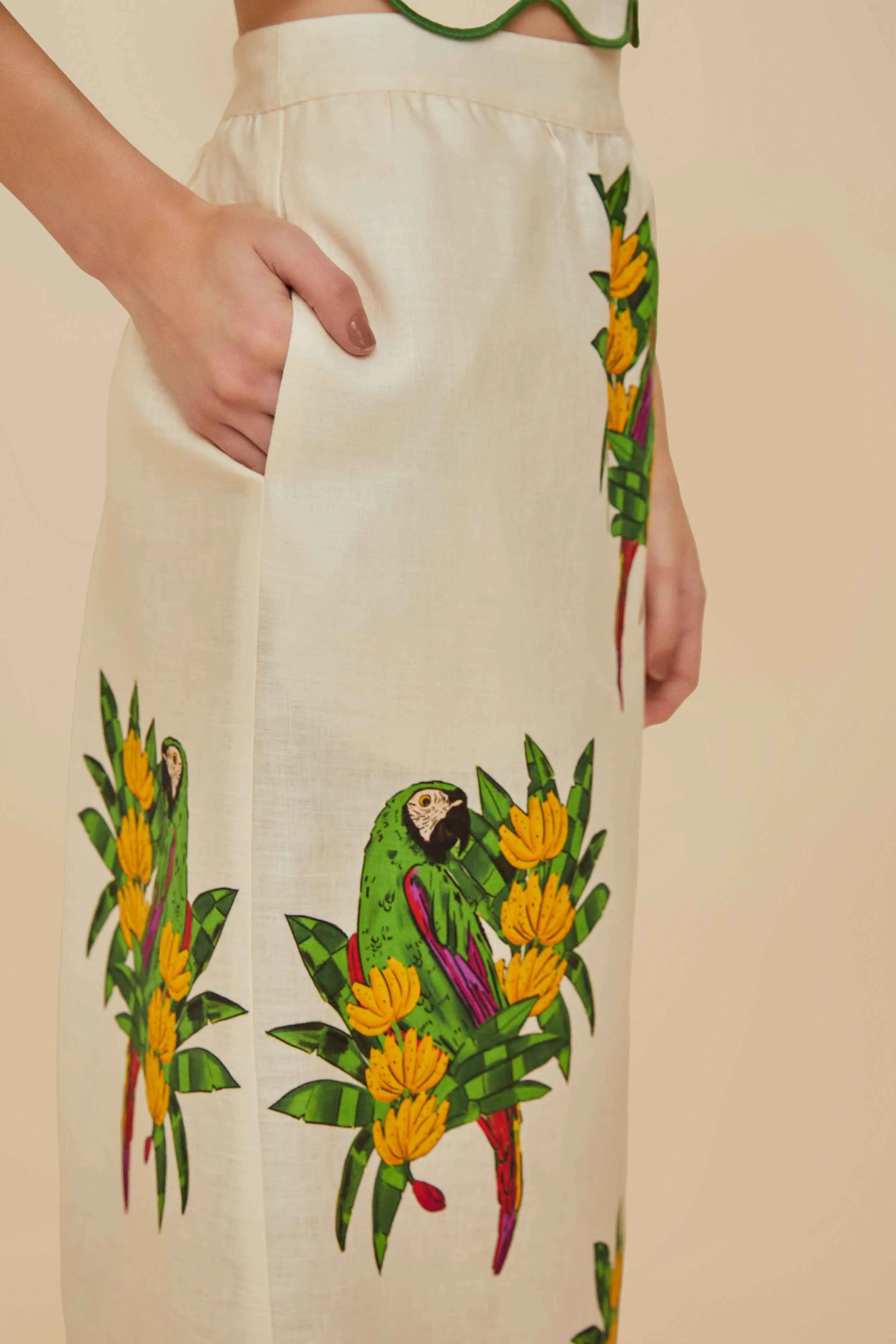 Off-White Maracana Bird Euroflax? Premium Linen Midi Skirt Gentle Comfort beaded embellishment