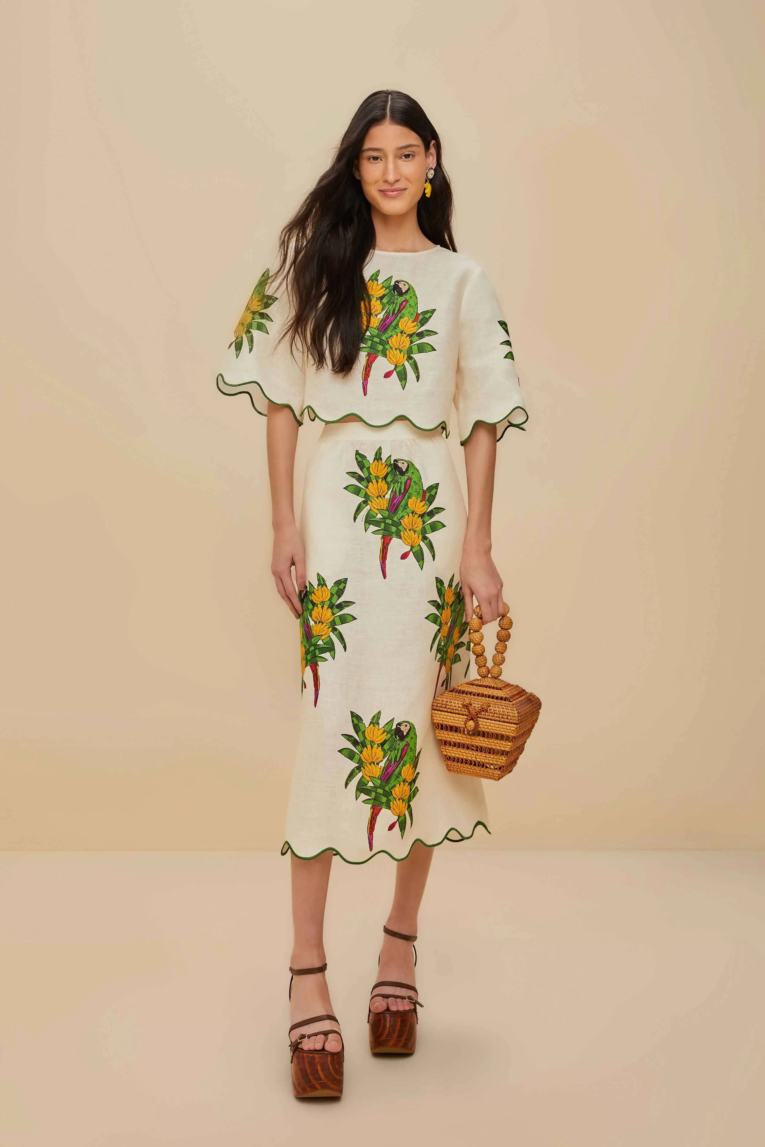 Non Restrictive Off-White Maracana Bird Euroflax? Premium Linen Midi Skirt