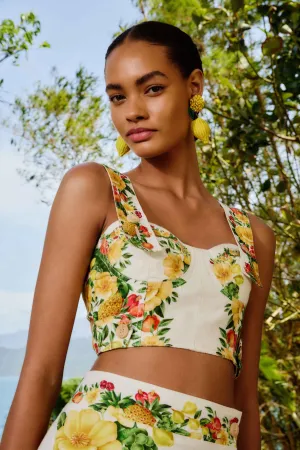 Cozy Vibe Off-White Picnic Flowers Euroflax? Premium Linen Crop Top
