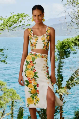 Off-White Picnic Flowers Euroflax? Premium Linen Viscose Midi Skirt Fashion Forward Smooth Finish