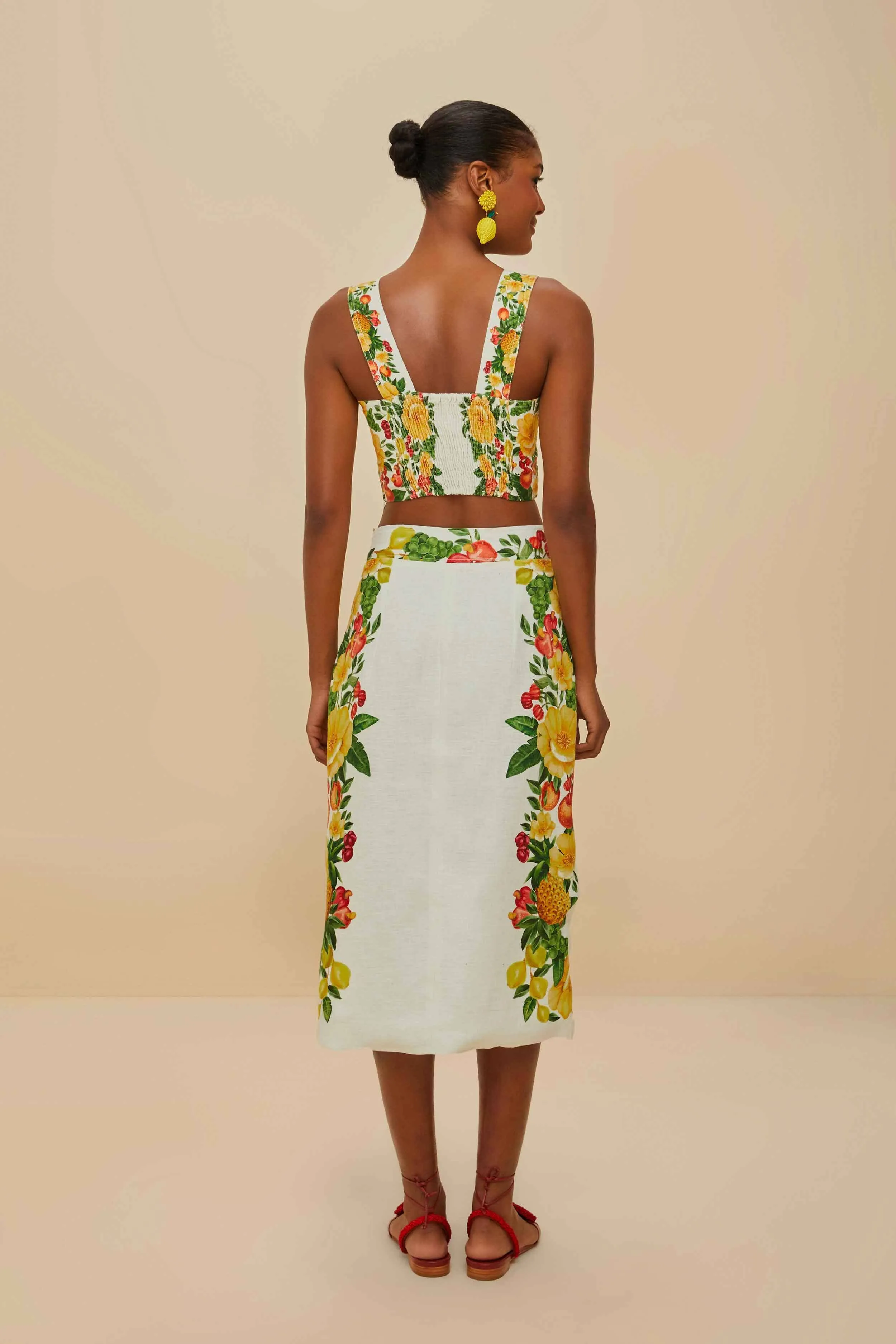 Off-White Picnic Flowers Euroflax? Premium Linen Viscose Midi Skirt Sleek Appeal Clean Cut