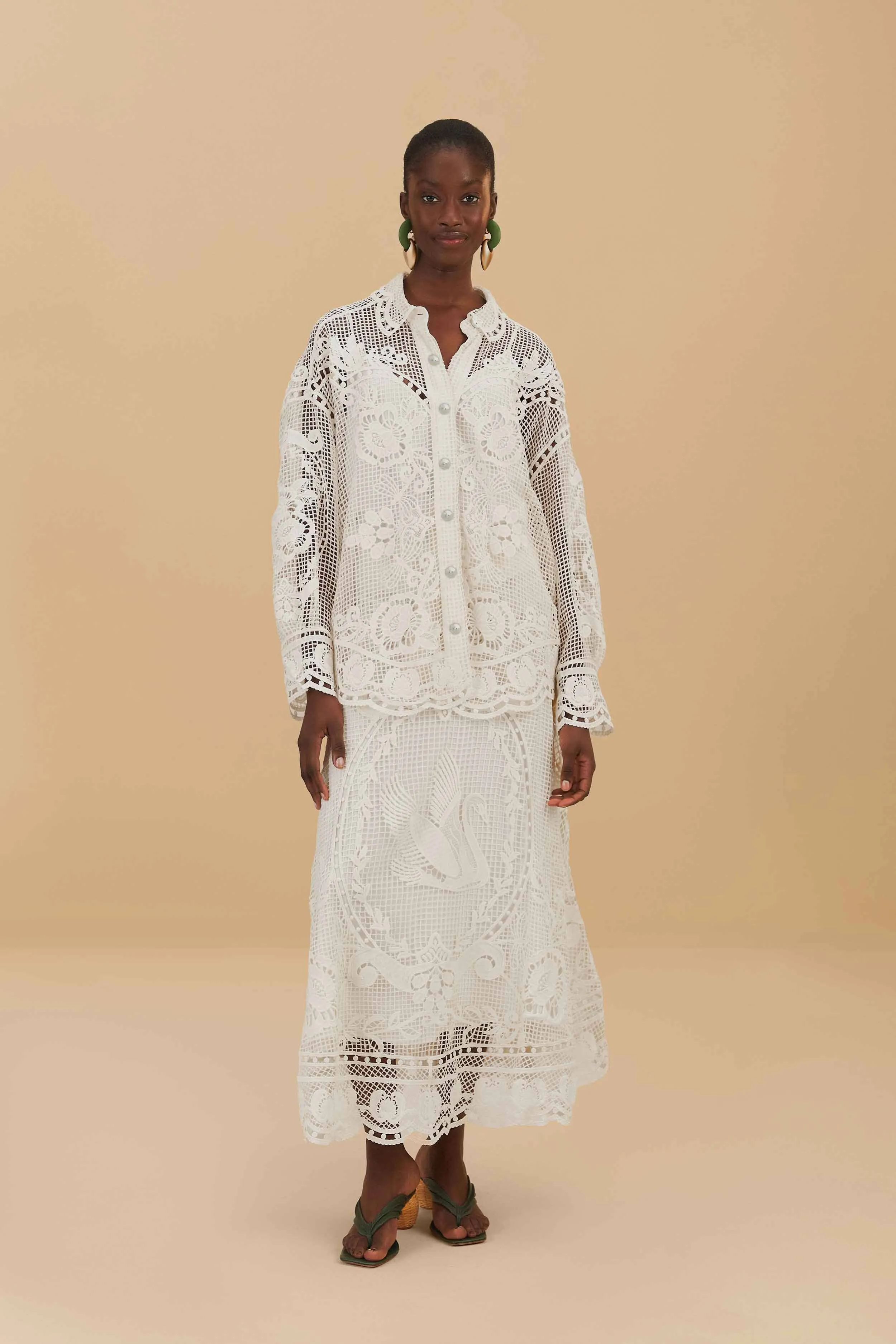 Sleek Appeal Bold Statement Off-White Swan Lake Guipure Midi Skirt