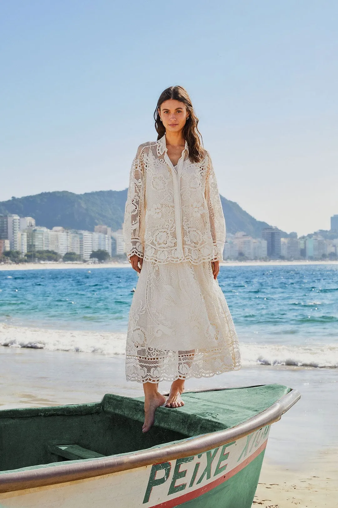 Travel Ready Off-White Swan Lake Guipure Midi Skirt