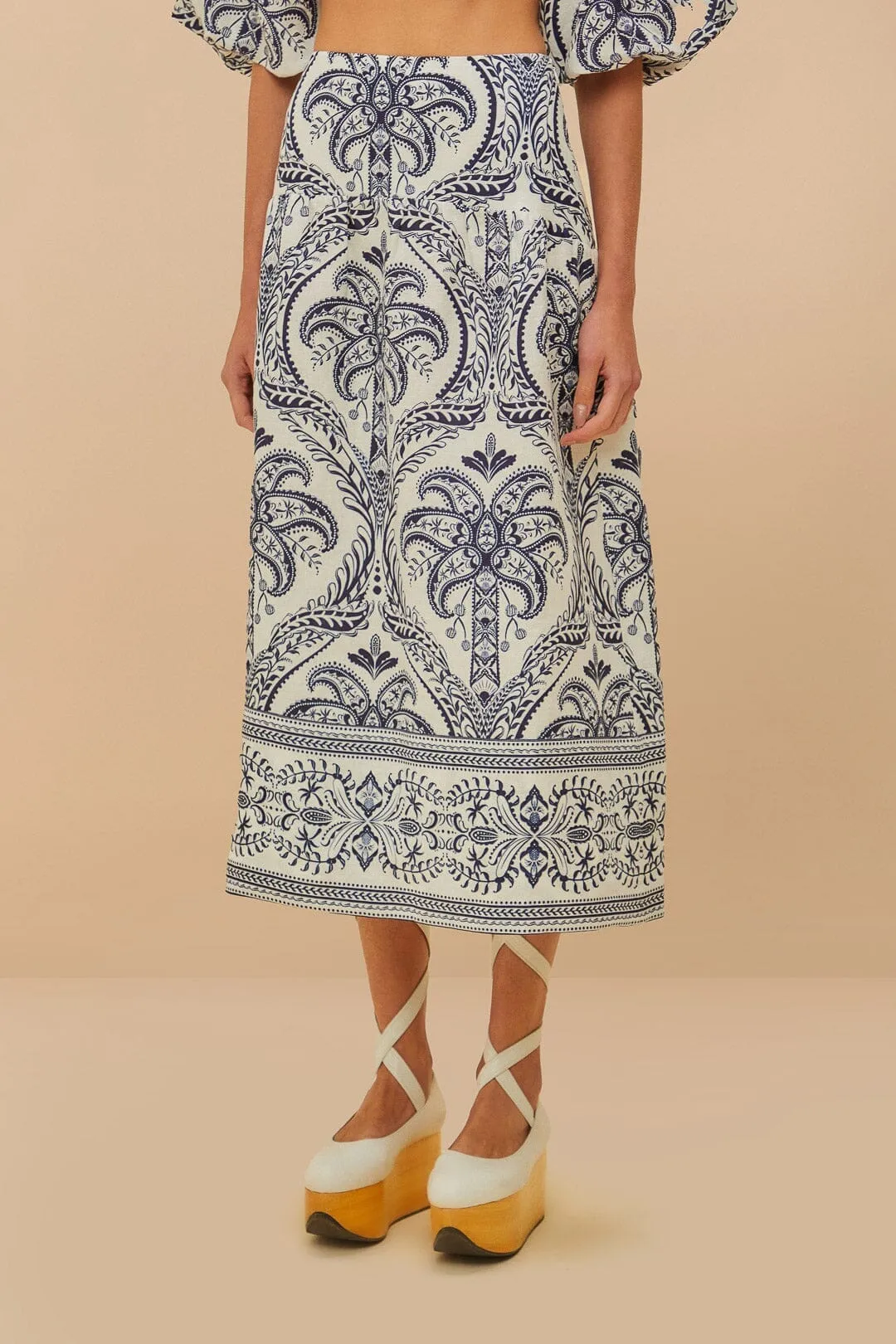 Cool Tone Limited Quantity Off-White Tropical Cameo Euroflax? Premium Linen Midi Skirt