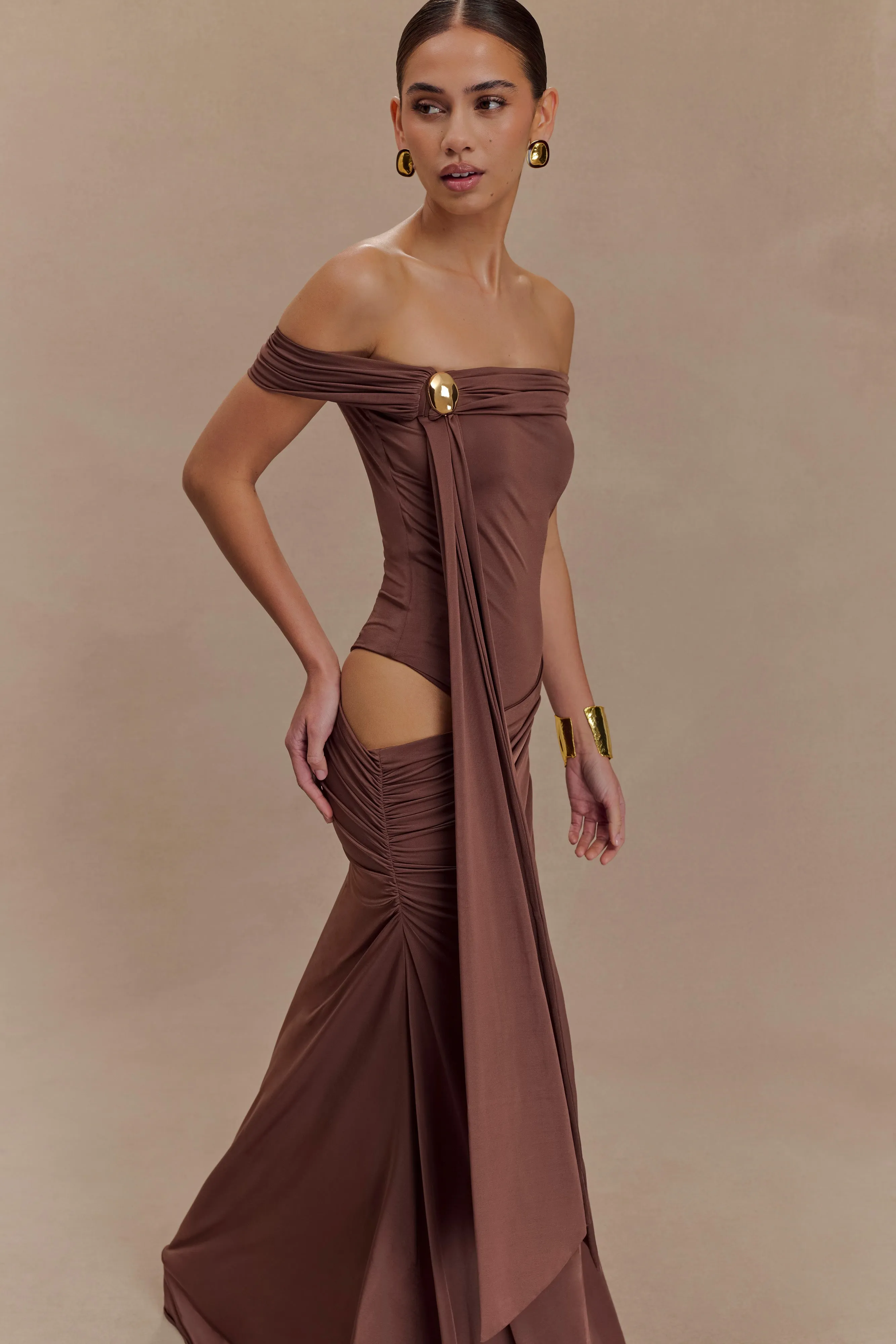 BiasCutSilhouette Contrast-Piping Oliver Slinky Maxi Dress - Chocolate