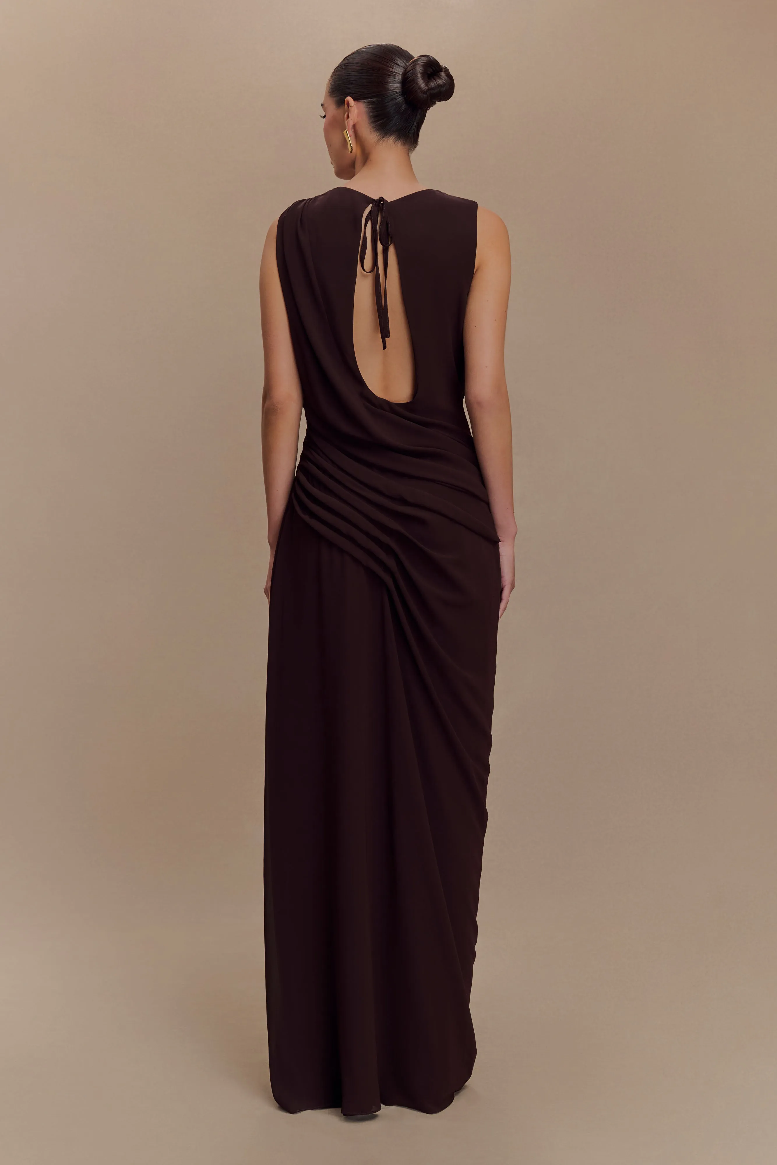 Elegant Waist Fit Oria Chiffon Maxi Dress - Cacao Brown