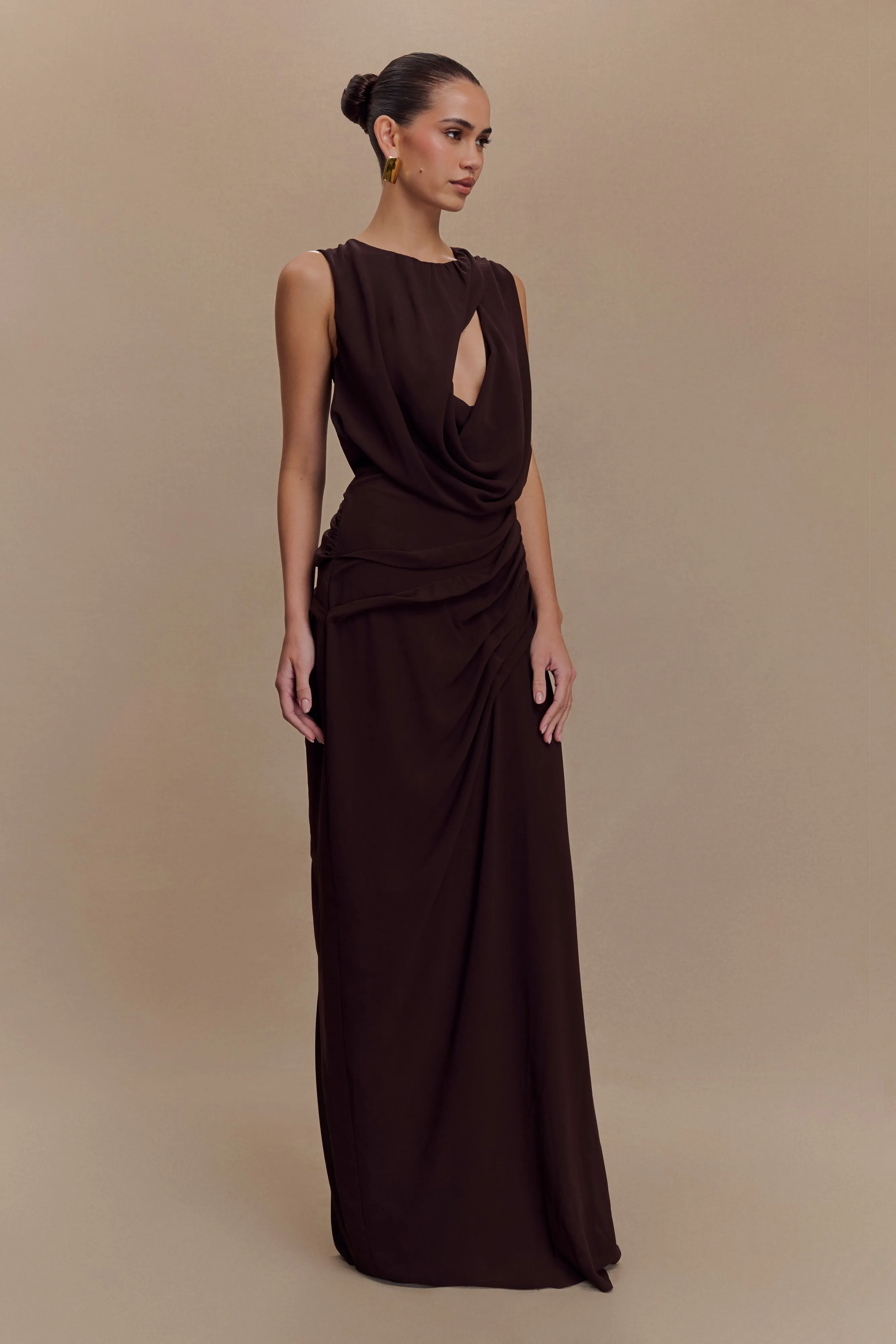 Oria Chiffon Maxi Dress - Cacao Brown Tasteful Detail garden wedding