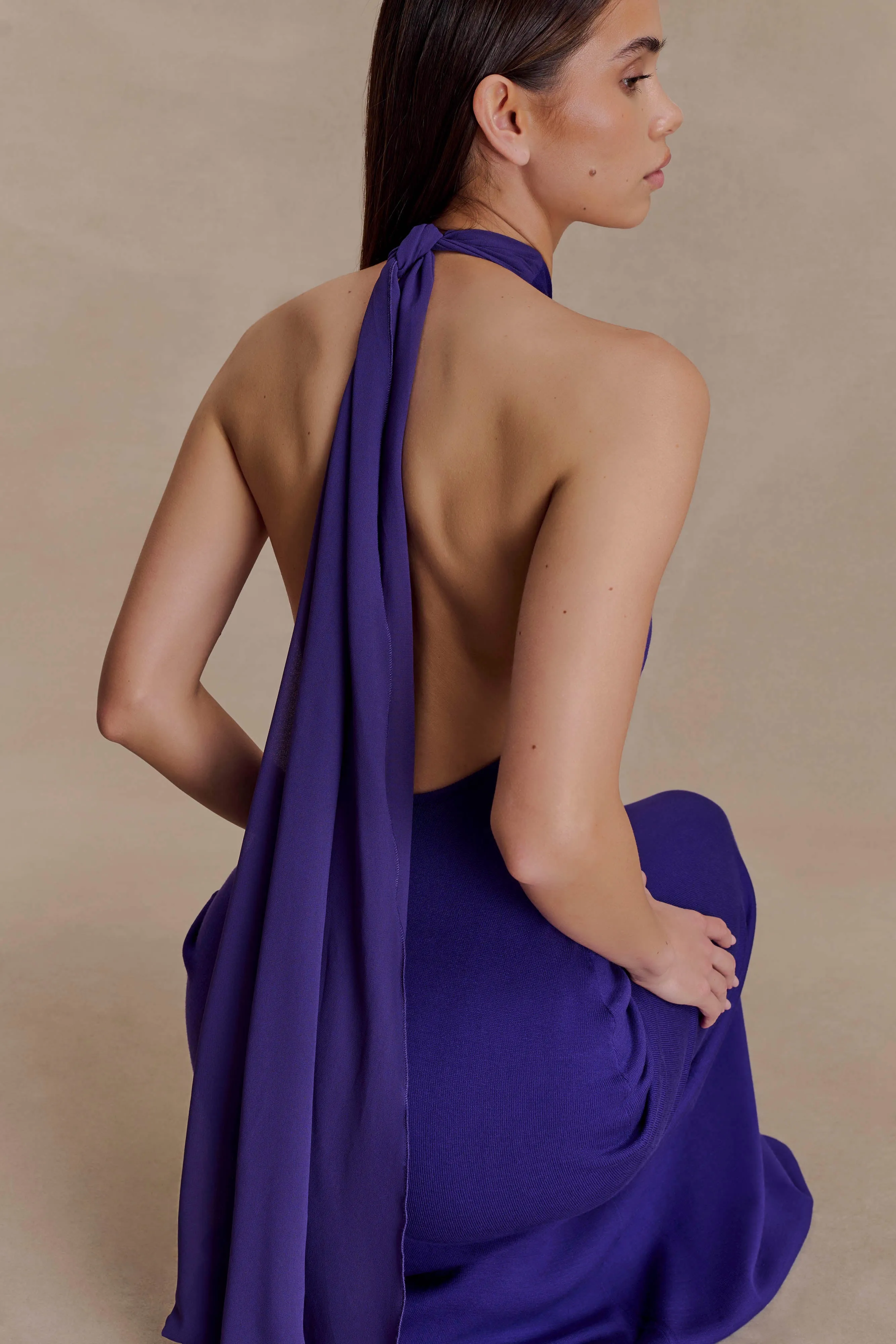 Linen-Blend Ozias Halter Semi Sheer Knit Maxi Dress - Deep Purple