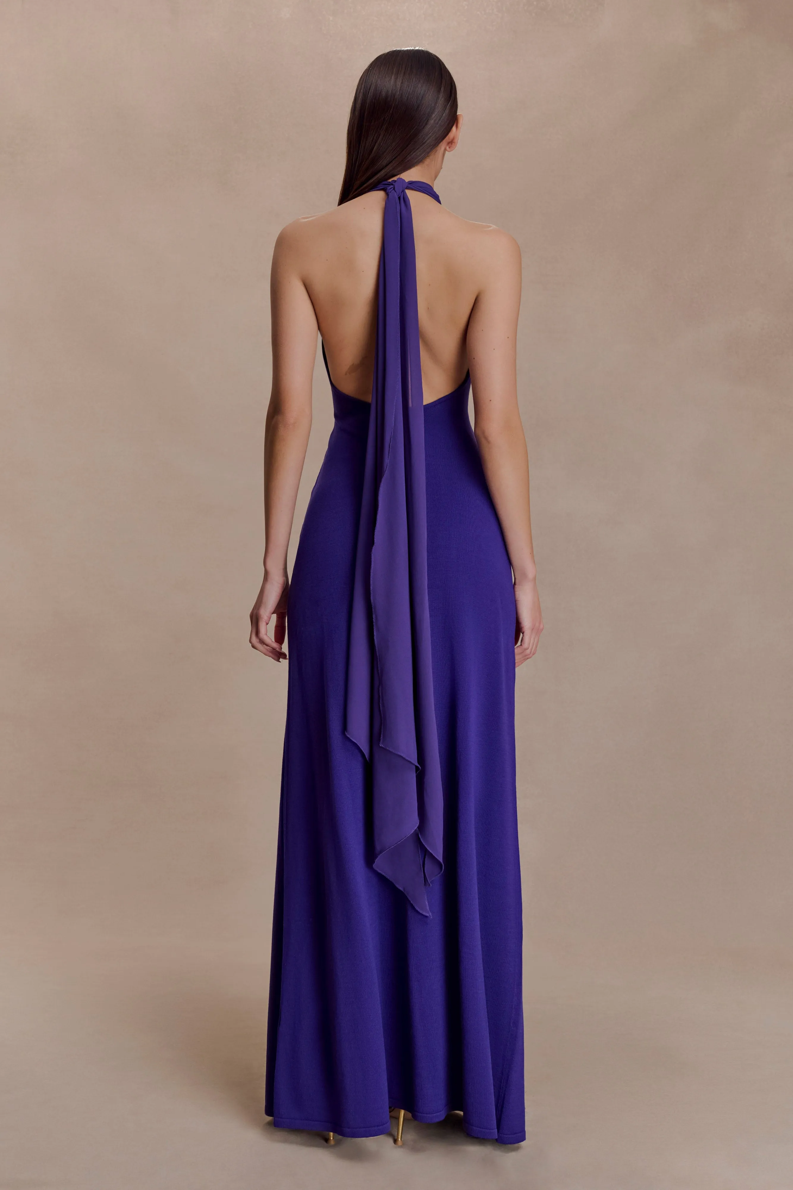 Ozias Halter Semi Sheer Knit Maxi Dress - Deep Purple Basic Shape Contrast-Lining