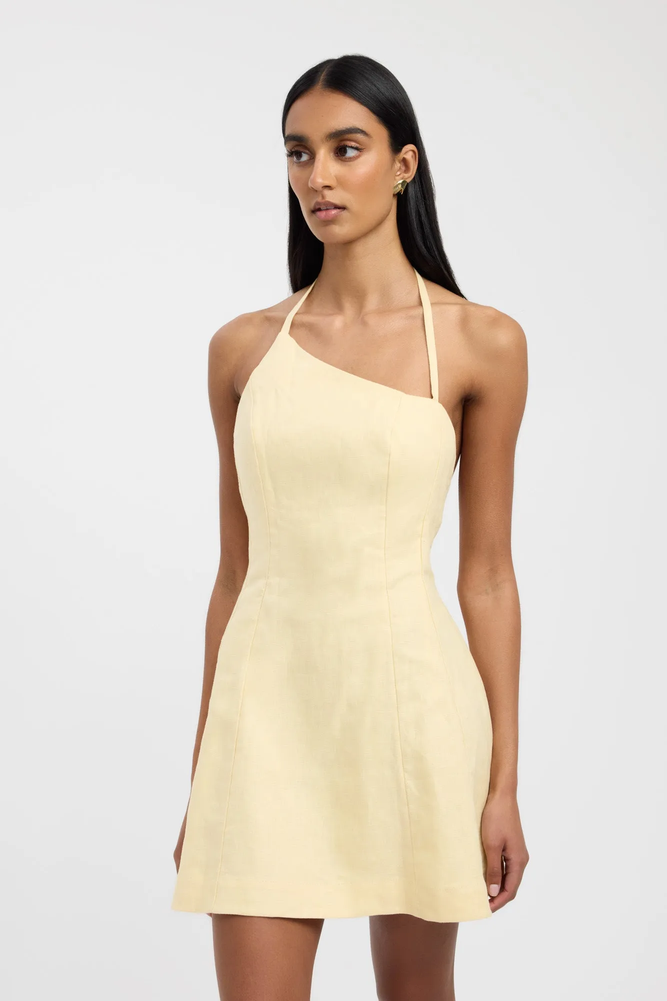 Smooth Texture Edge Detail Palm One Shoulder Mini Dress