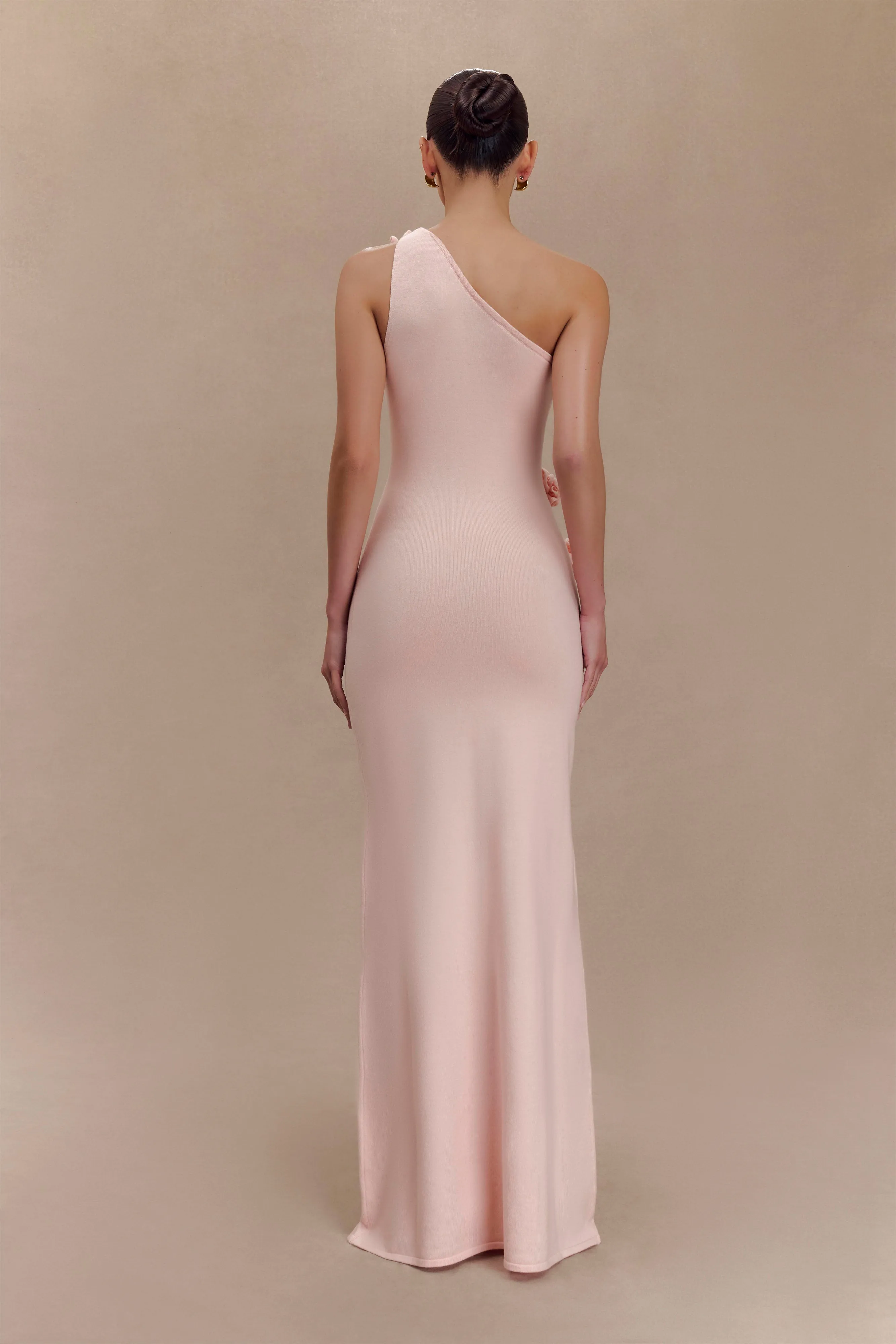 Paloma One Shoulder Knit Maxi Dress With Flowers - Baby Pink Casual Motion Sophisticated Cut
