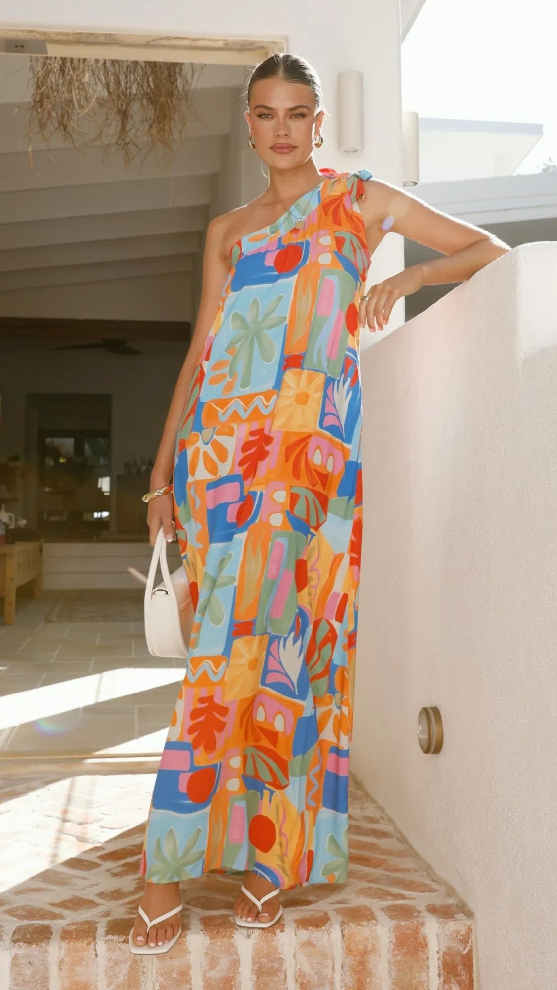 Sunset Look Work Option Paxton One Shoulder Maxi Dress - Tropical Abstract