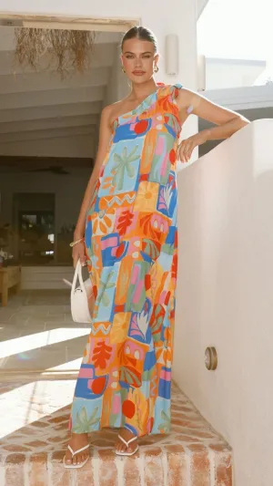 Sunset Look Work Option Paxton One Shoulder Maxi Dress - Tropical Abstract