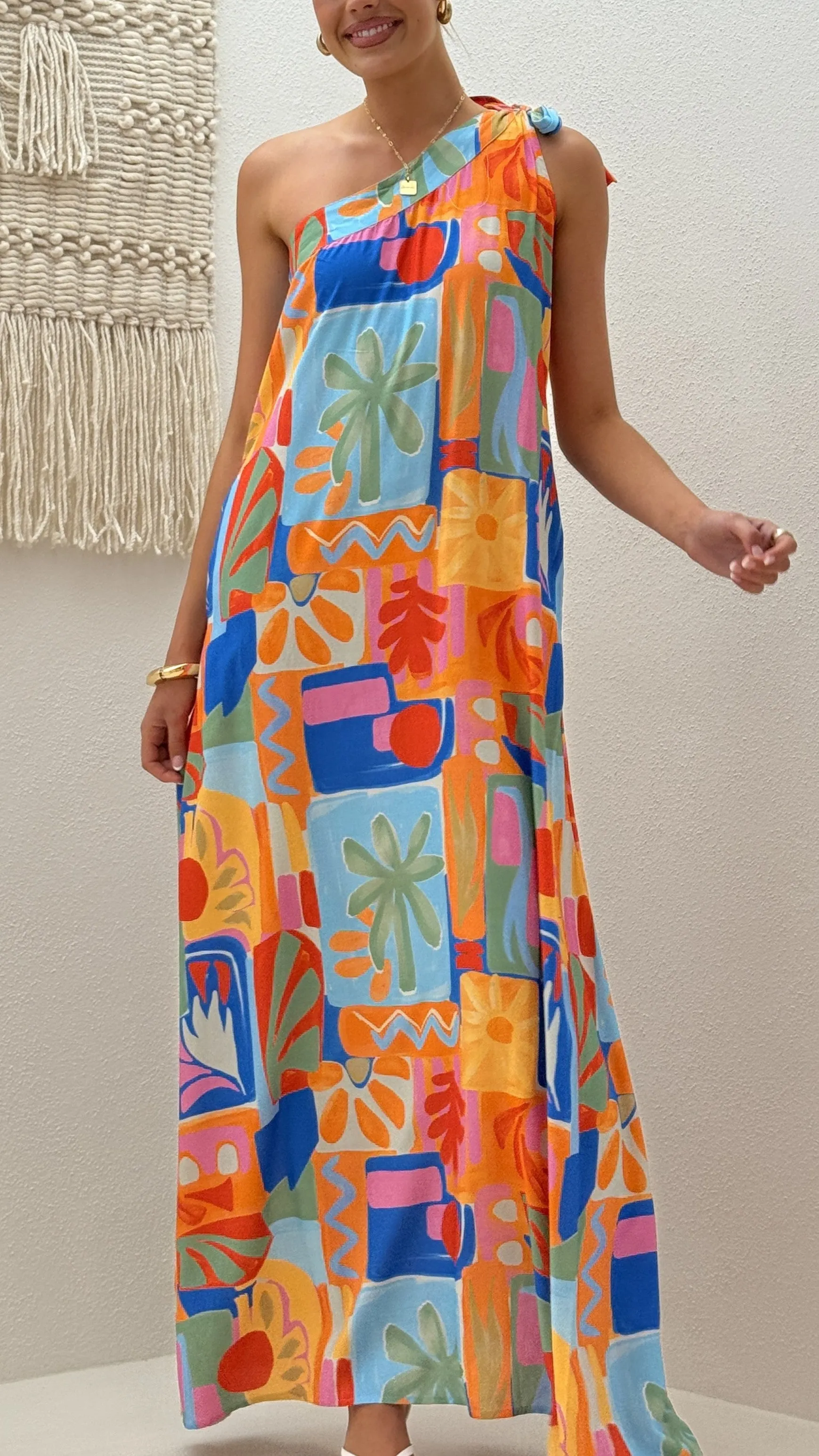 Paxton One Shoulder Maxi Dress - Tropical Abstract Gentle Shine Relaxed day dress