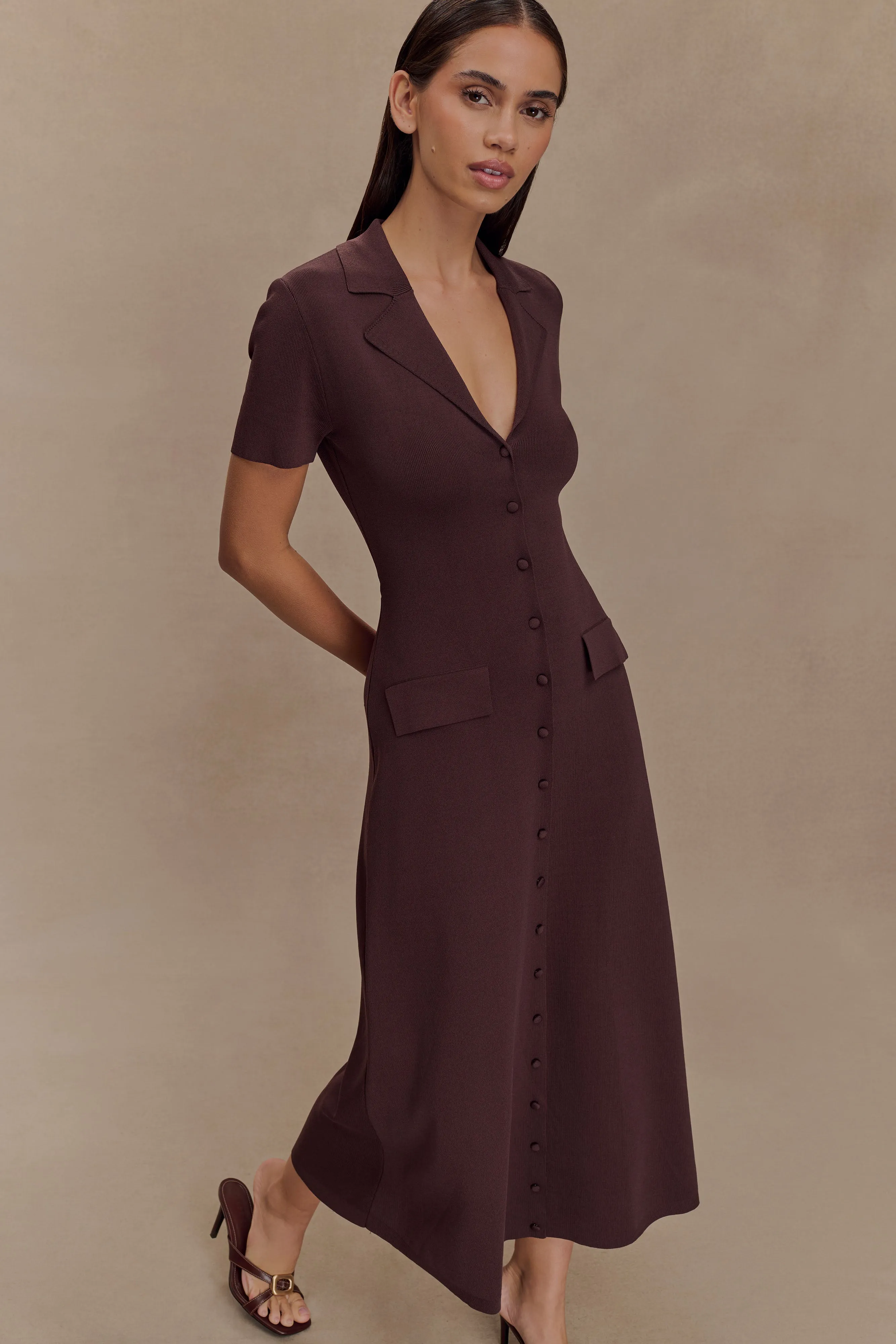 Pearson Short Sleeve Knit Midi Dress - Chocolate Soft Layering Motion Light