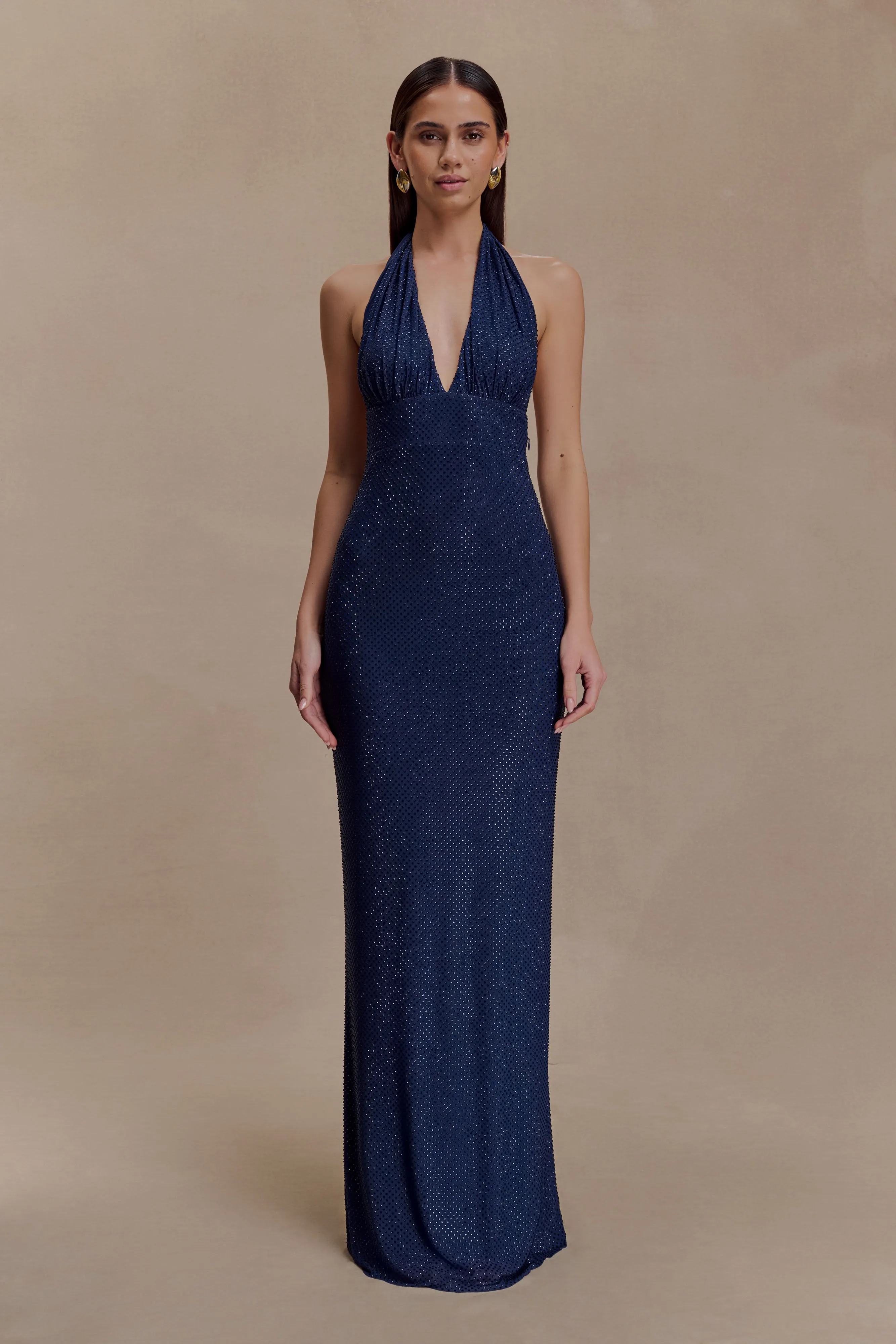 Petite-Size Tailored Elegance Harriet Halter Neck Diamante Maxi Dress - Navy