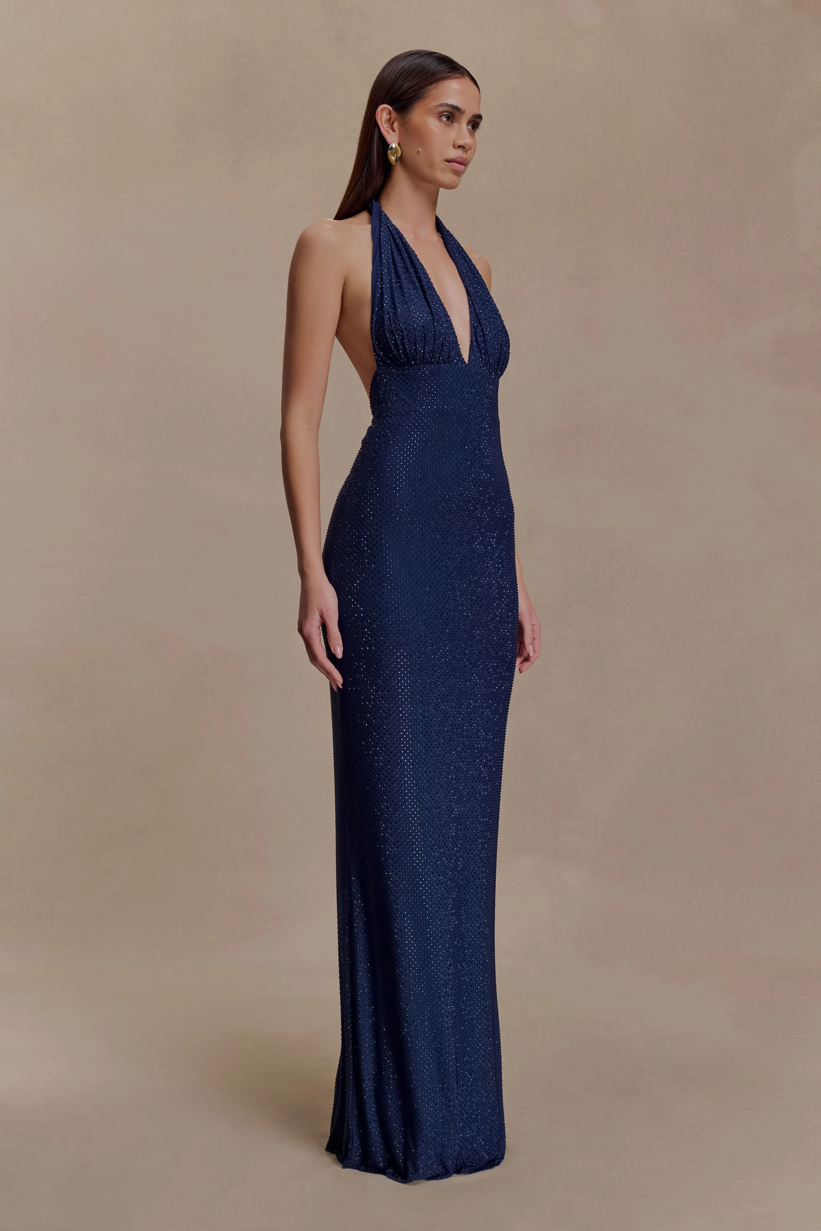 Harriet Halter Neck Diamante Maxi Dress - Navy Sleek Texture Subtle Edge
