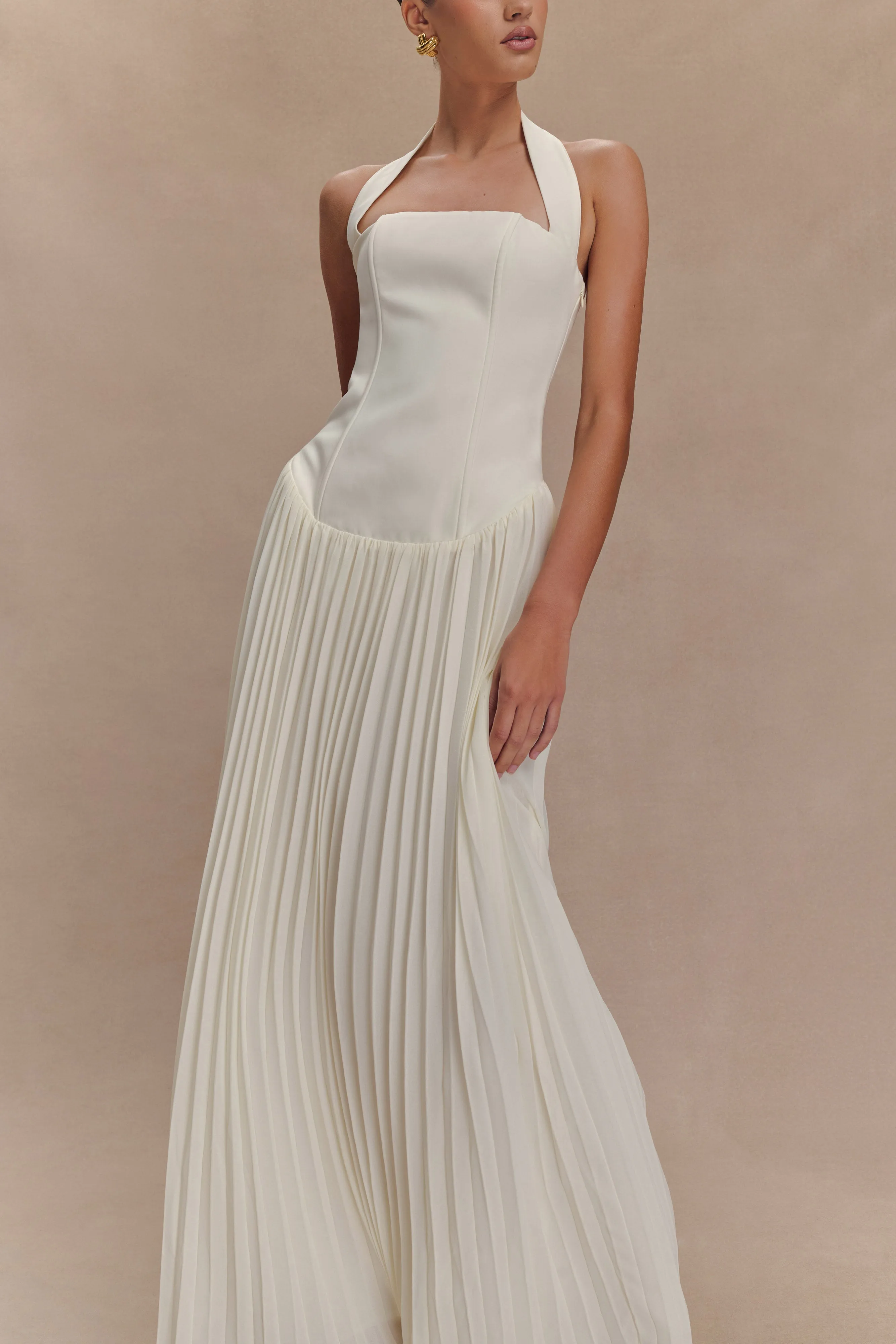 Stacie Pleated Halter Maxi Dress - Ivory Nature Inspired