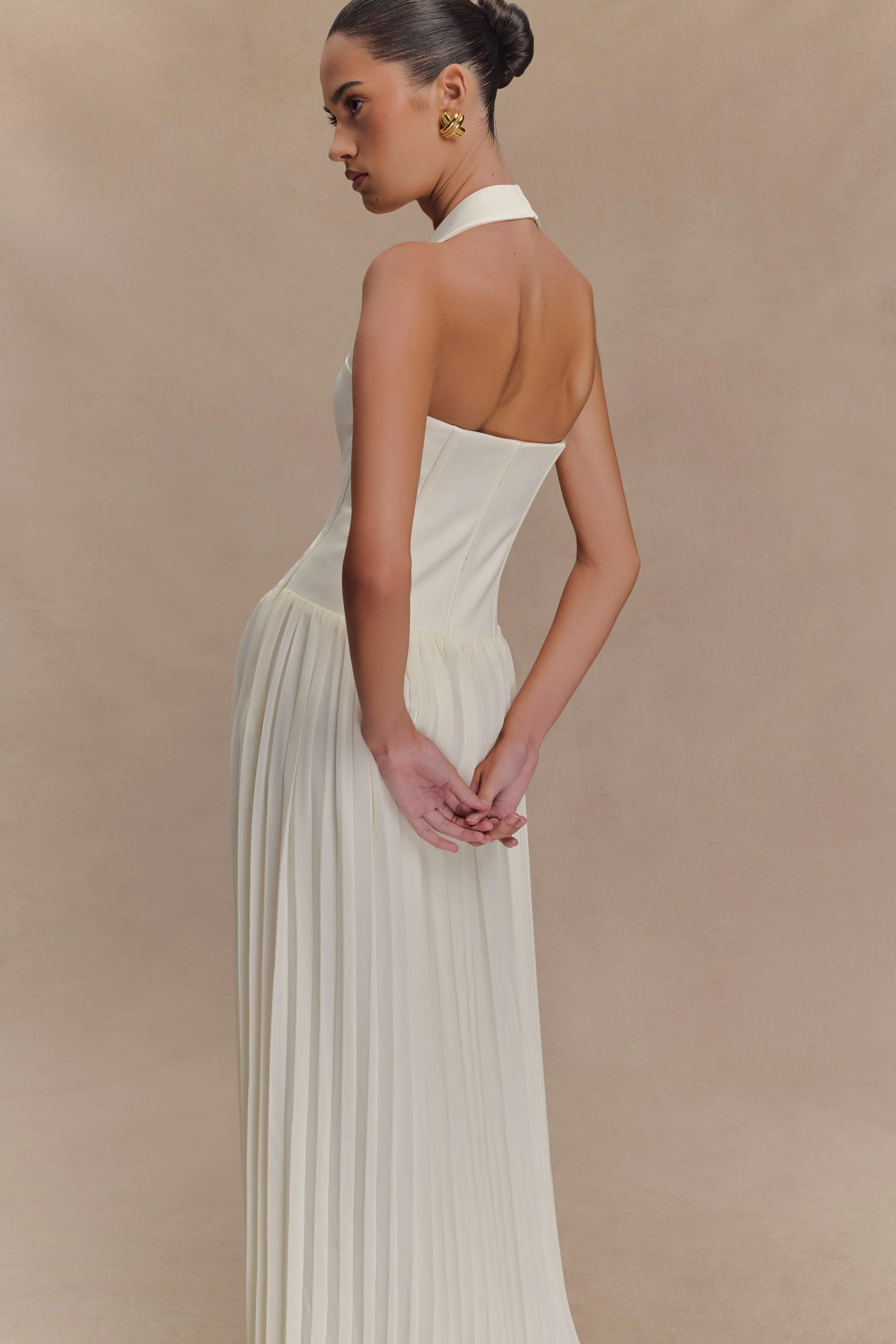 Formal Occasion Stacie Pleated Halter Maxi Dress - Ivory