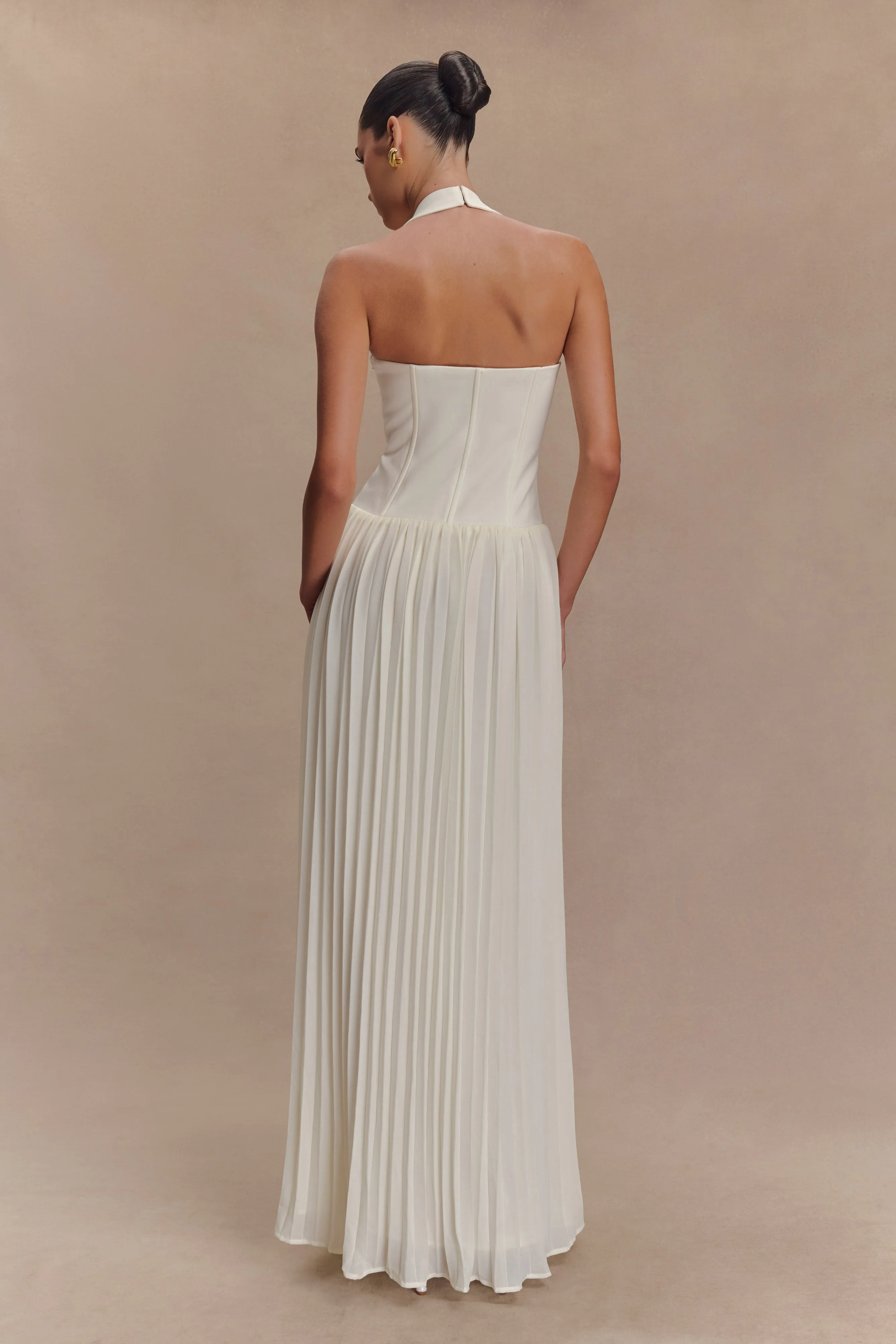 Bold Structure Chic Everyday Wear Stacie Pleated Halter Maxi Dress - Ivory