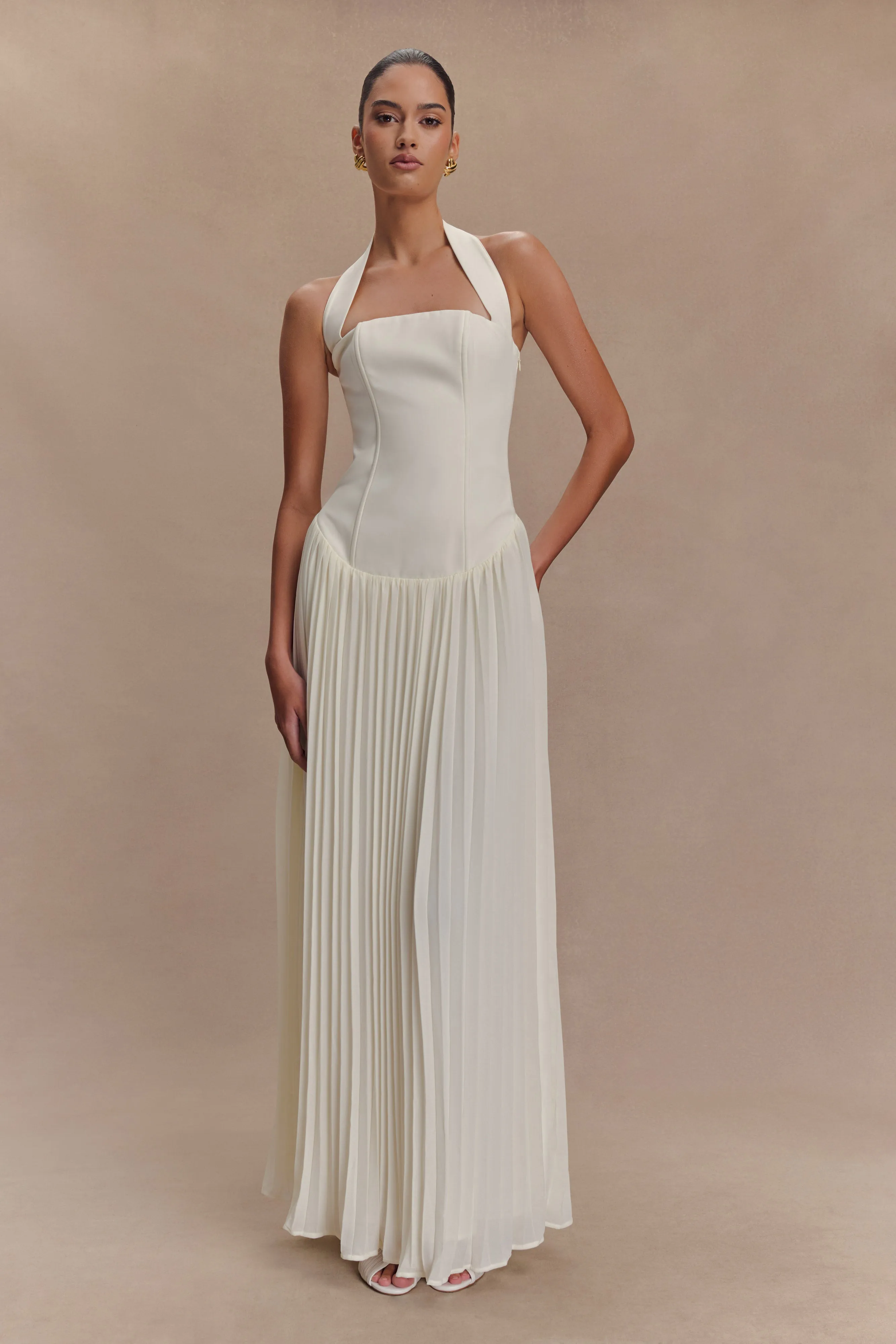 Spring-Season Stacie Pleated Halter Maxi Dress - Ivory