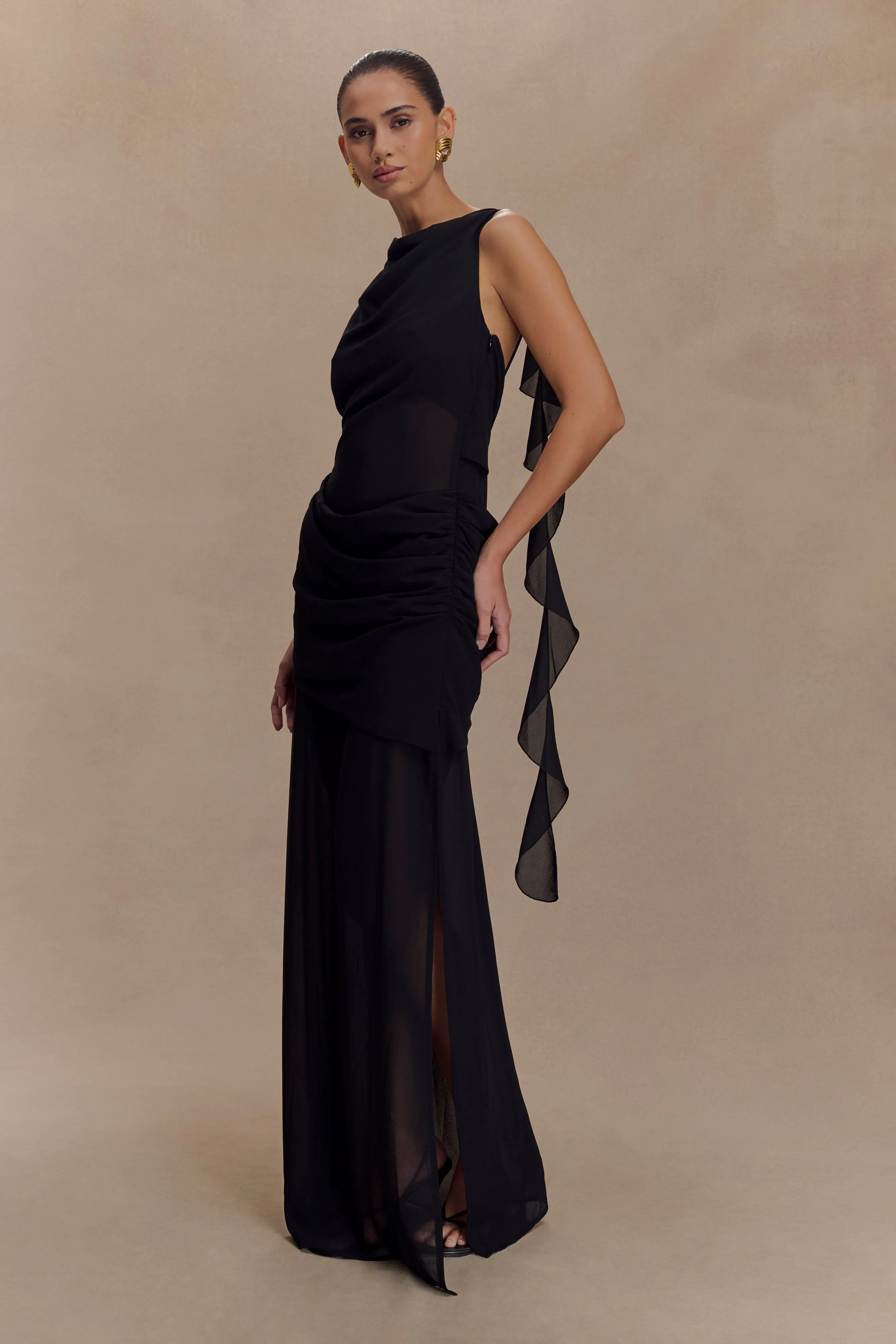 Fresh Tones Bold Color Daria Draped Chiffon Maxi Dress - Black