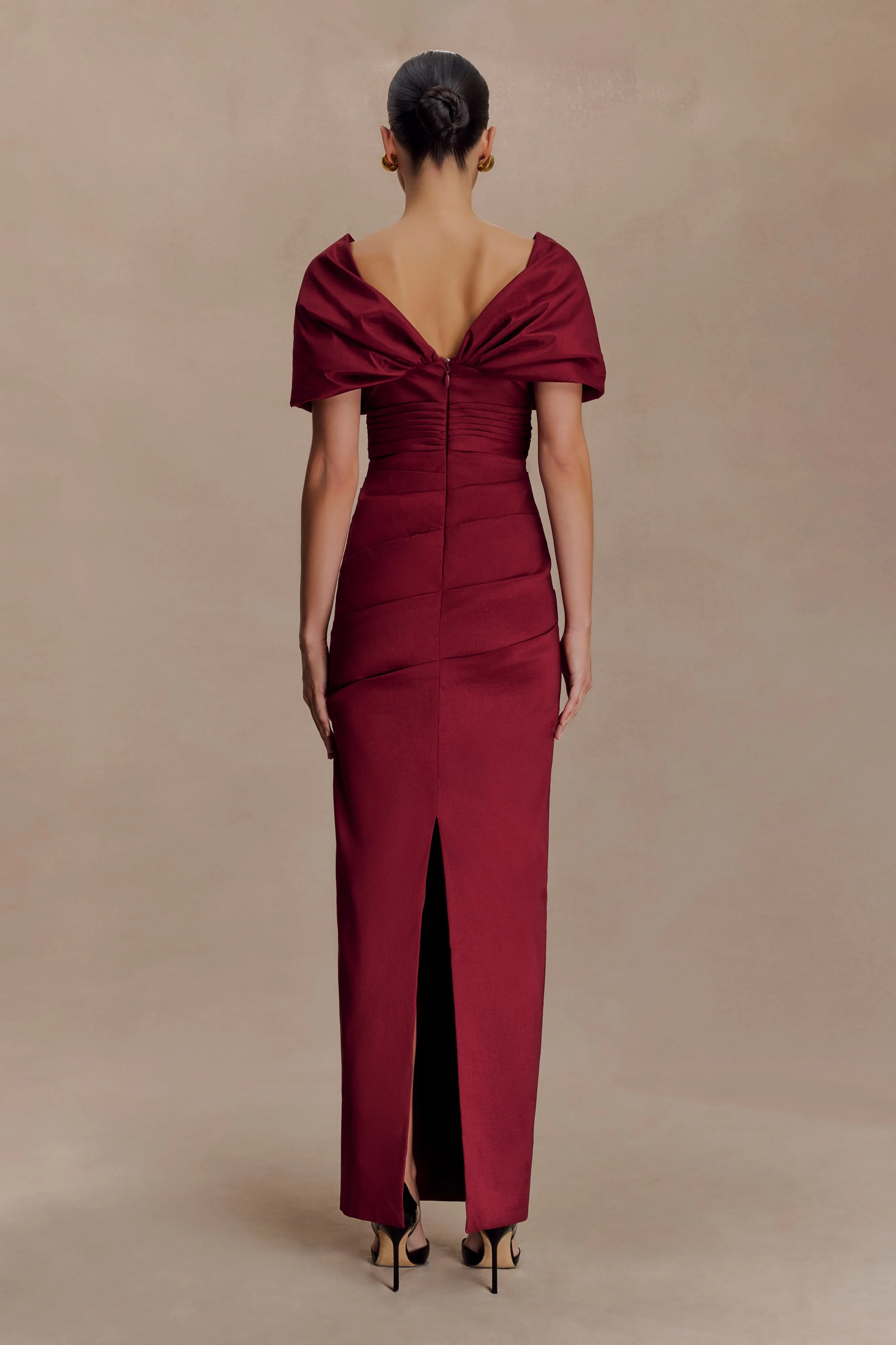 Thelma Bardot Maxi Dress - Wine Elegant Waistband