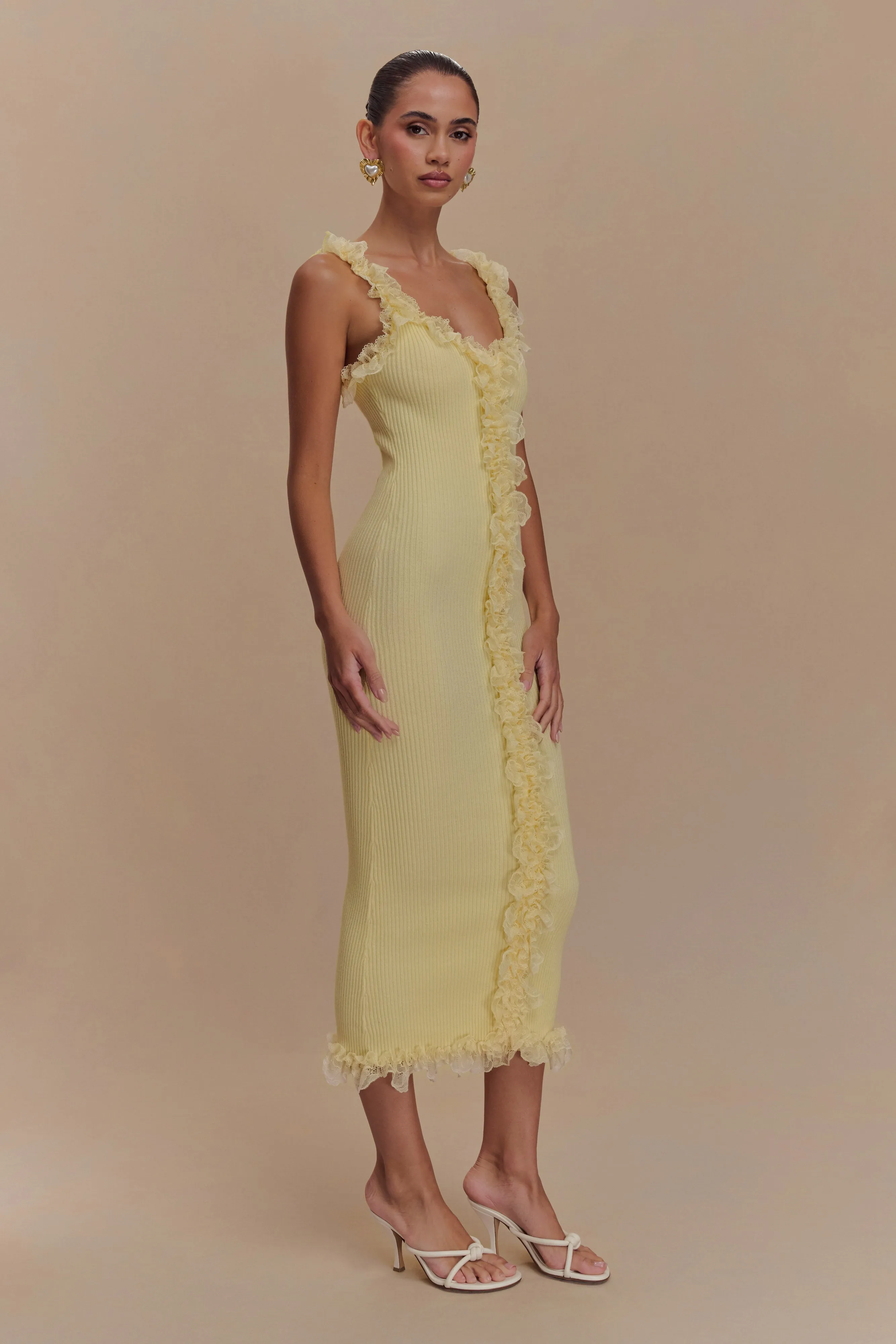 Shay Lace Ruffle Knit Midi Dress - Lemon Casual weekend dress Elegant formal outfit