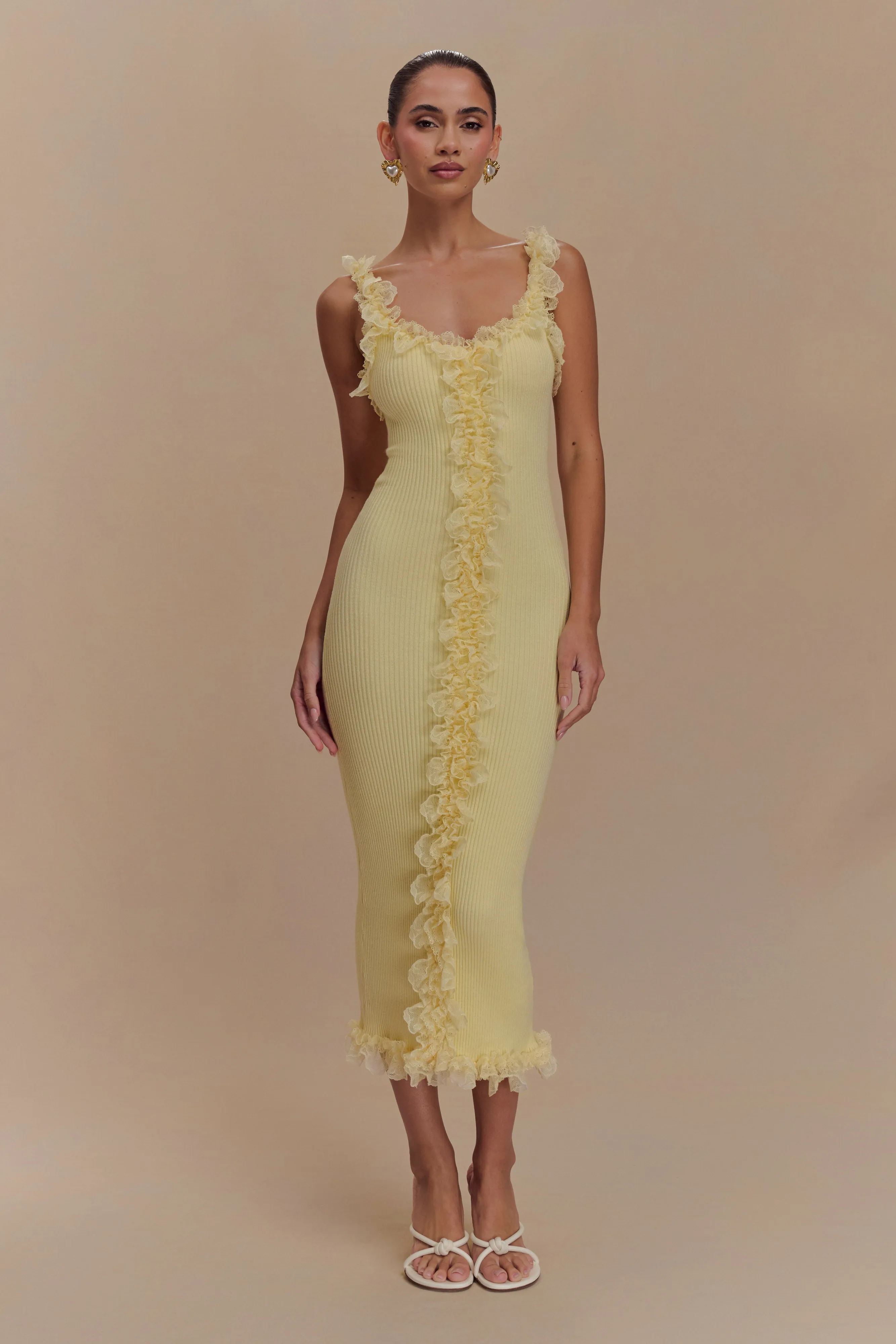 Shay Lace Ruffle Knit Midi Dress - Lemon Daywear Mood