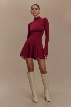 Effortless Piece Vibe Choice Blair Knit Mini Dress With Pleats - Merlot