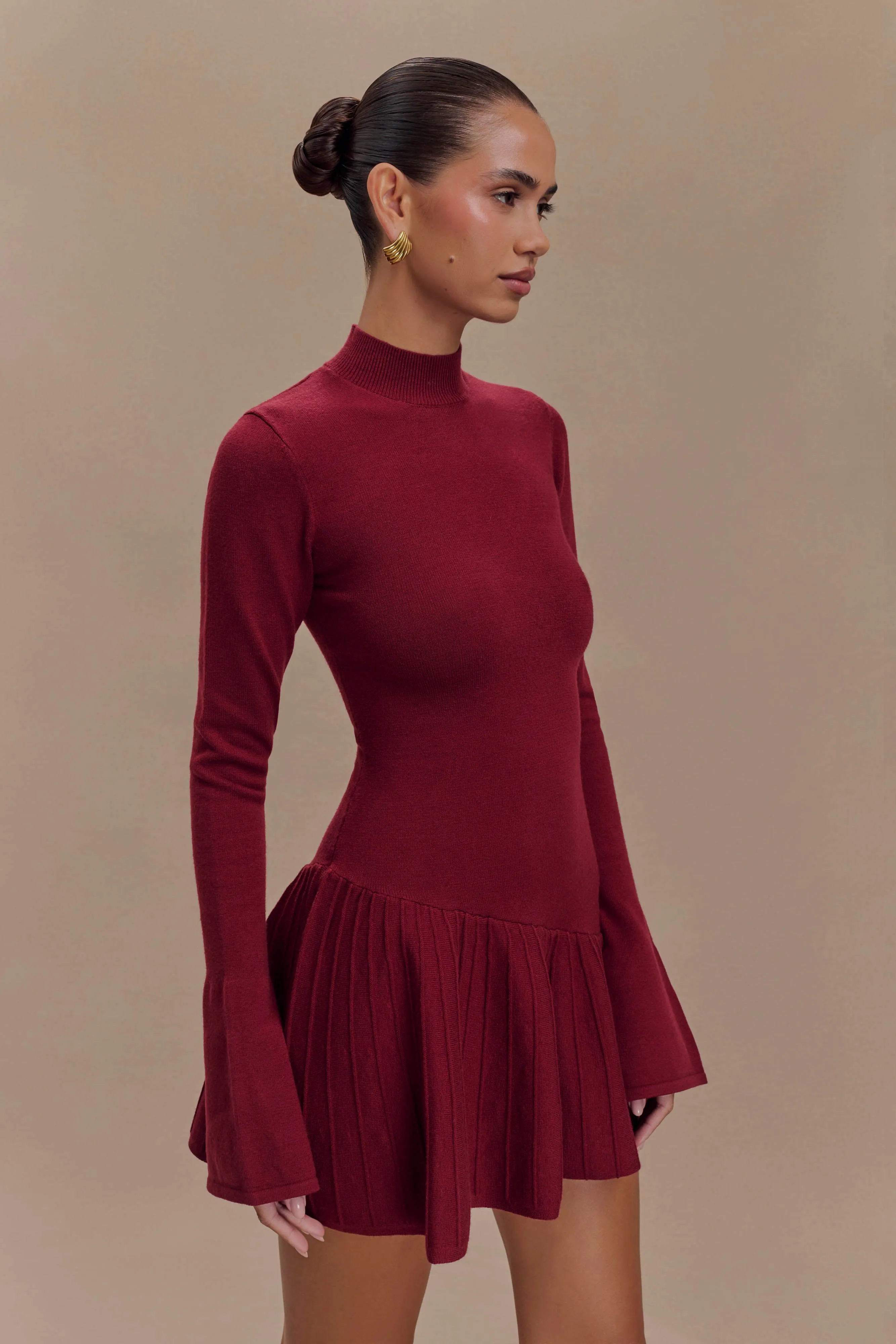 Romantic Vibes Blair Knit Mini Dress With Pleats - Merlot