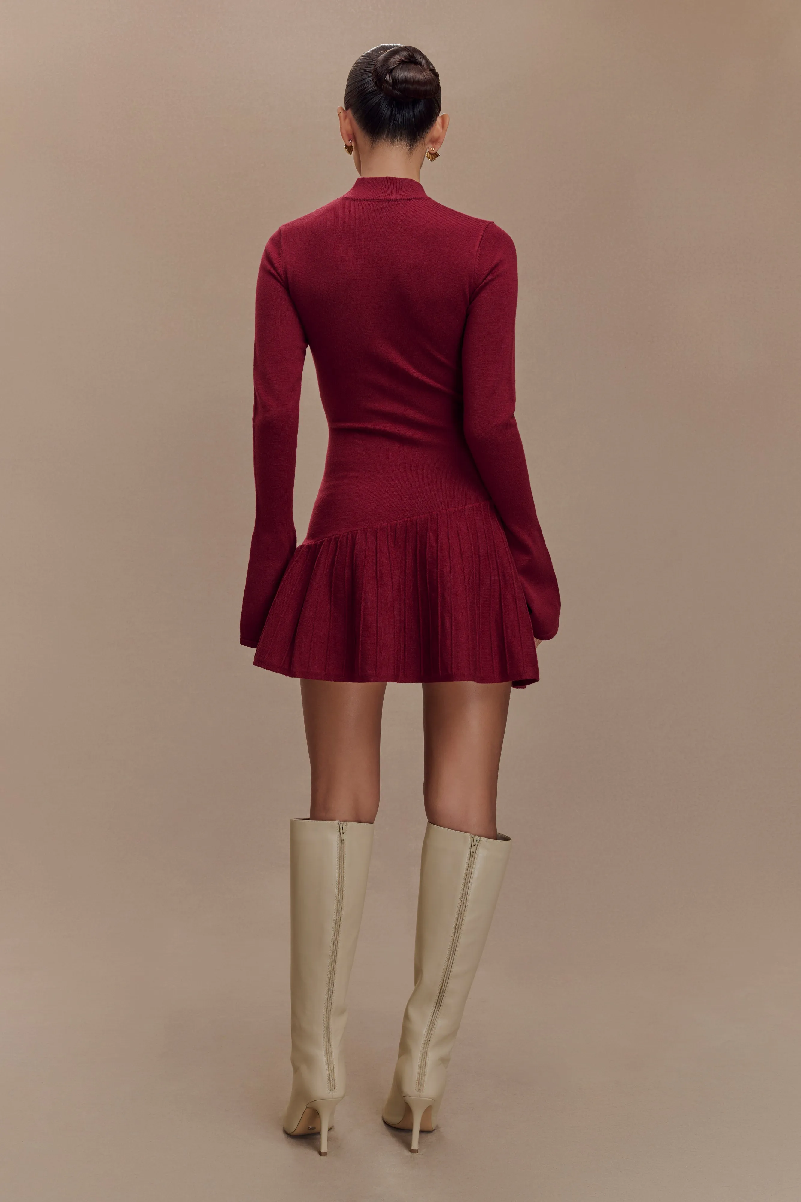Sunset Hour Blair Knit Mini Dress With Pleats - Merlot