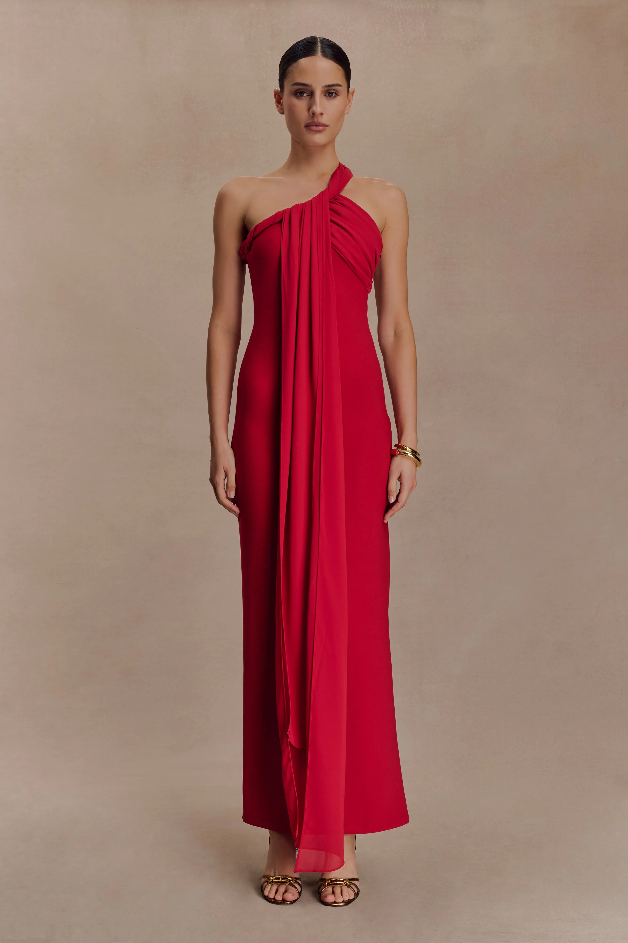 Cinched-Waist Philippa Knotted Crepe Maxi Dress - Ruby