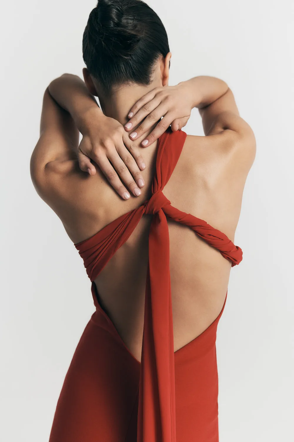 Philippa Knotted Crepe Maxi Dress - Ruby Long Sleeve Brunch Glow