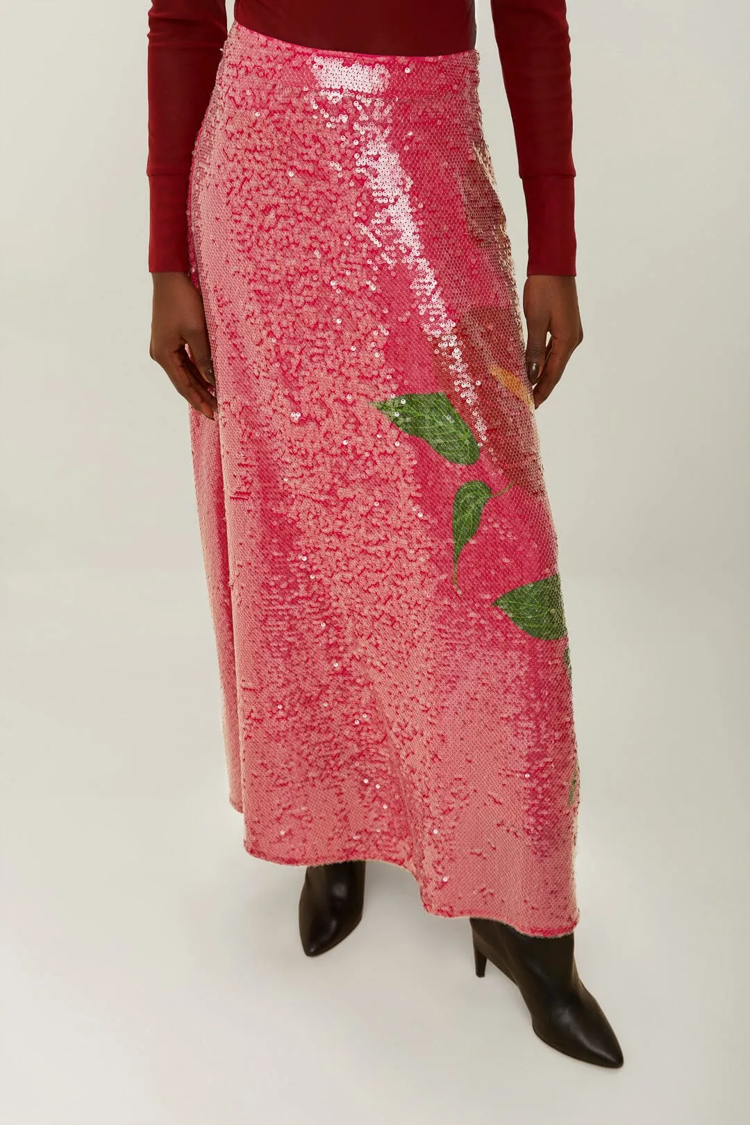 Pink Anthurium Flowers Sequins Midi Skirt Low Rise