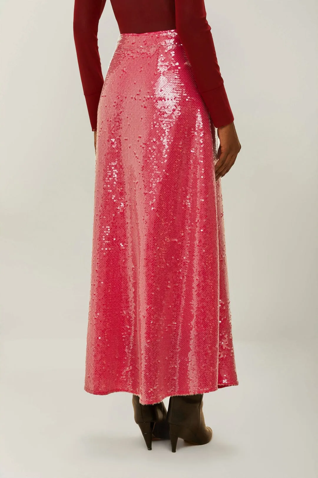 On-The-Go Outfit Structured Shape Pink Anthurium Flowers Sequins Midi Skirt