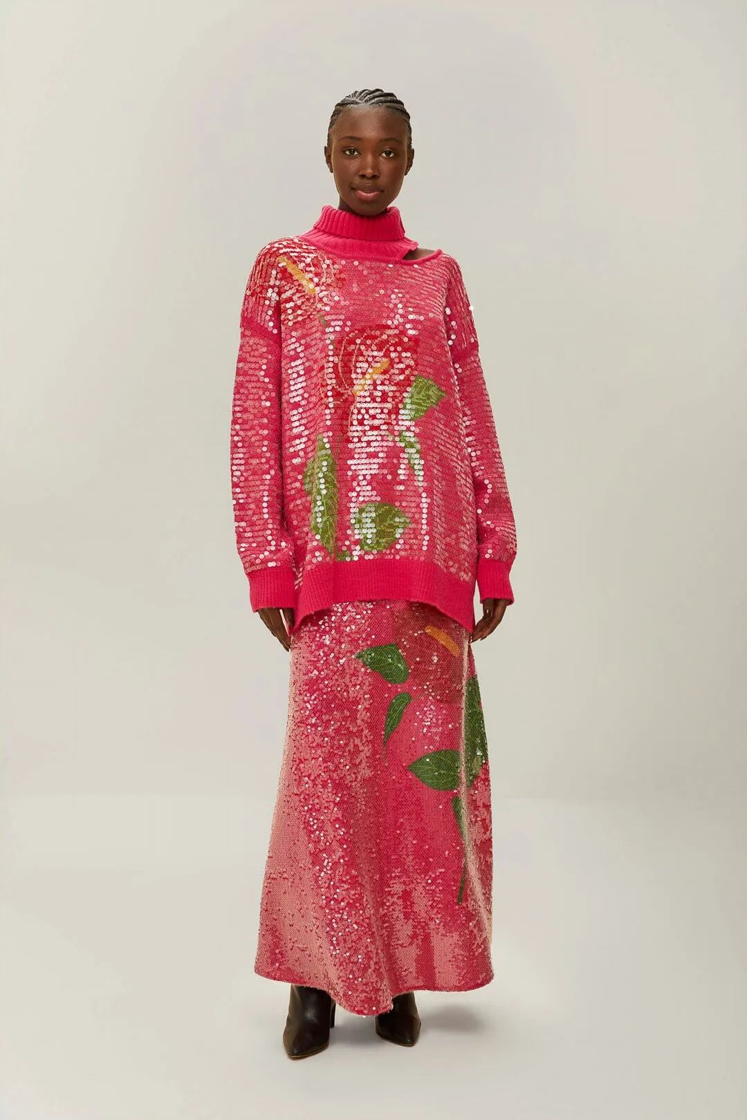 Crisp Look Pink Anthurium Flowers Sequins Midi Skirt