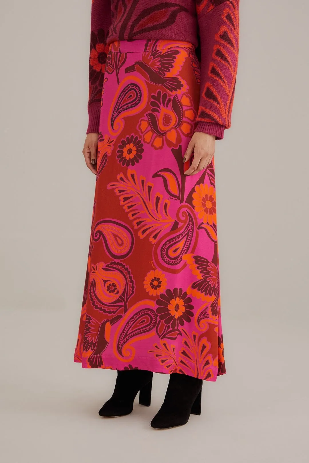 Pink Bold Floral Satin Maxi Skirt Opaque Lining