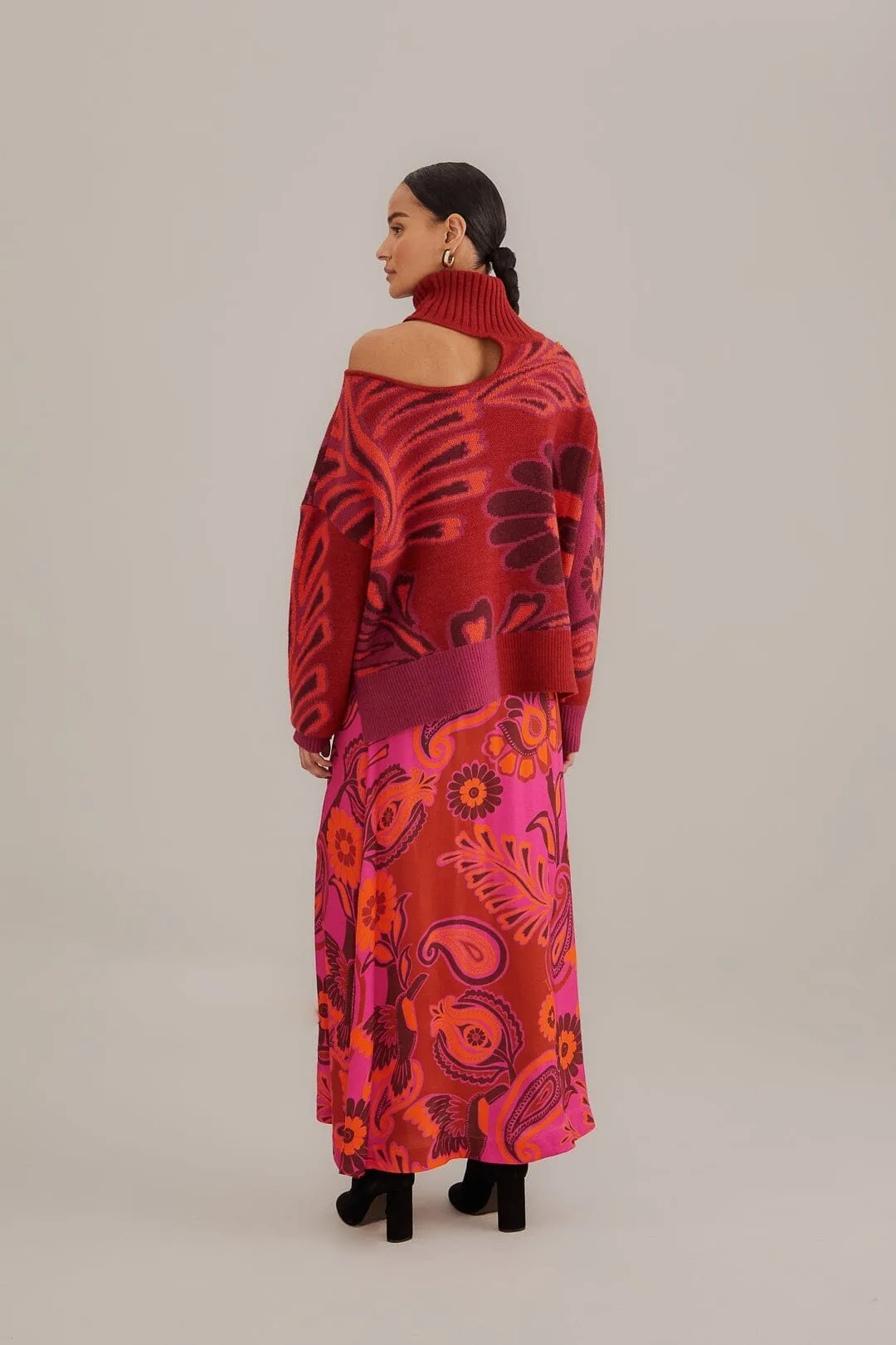 Pink Bold Floral Satin Maxi Skirt Modern Outfit Light Outfit