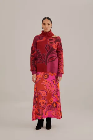 Travel Friendly Pink Bold Floral Satin Maxi Skirt