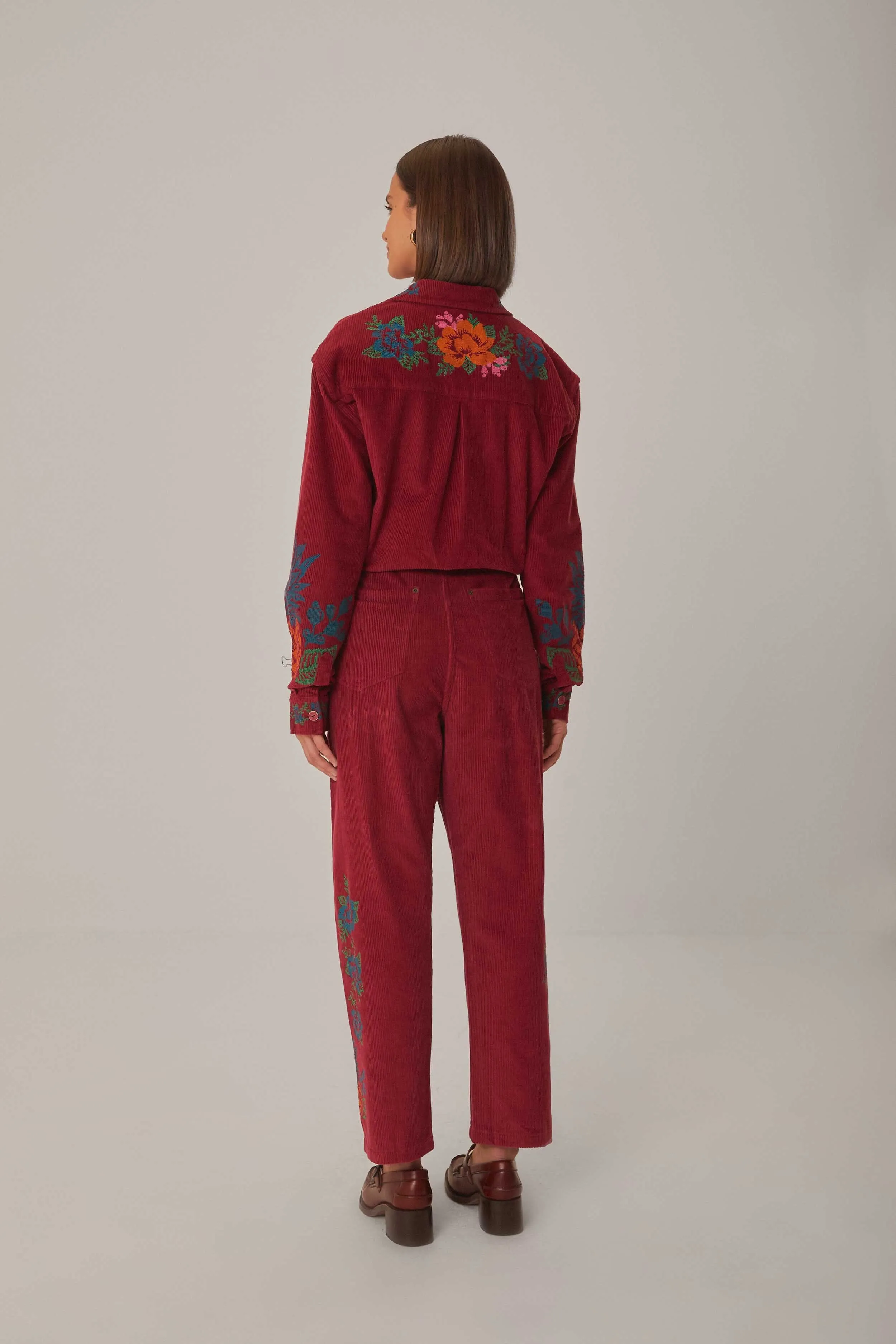 Neutral Fit Multi Pocket Configuration Pink Corduroy Embroidered Pants