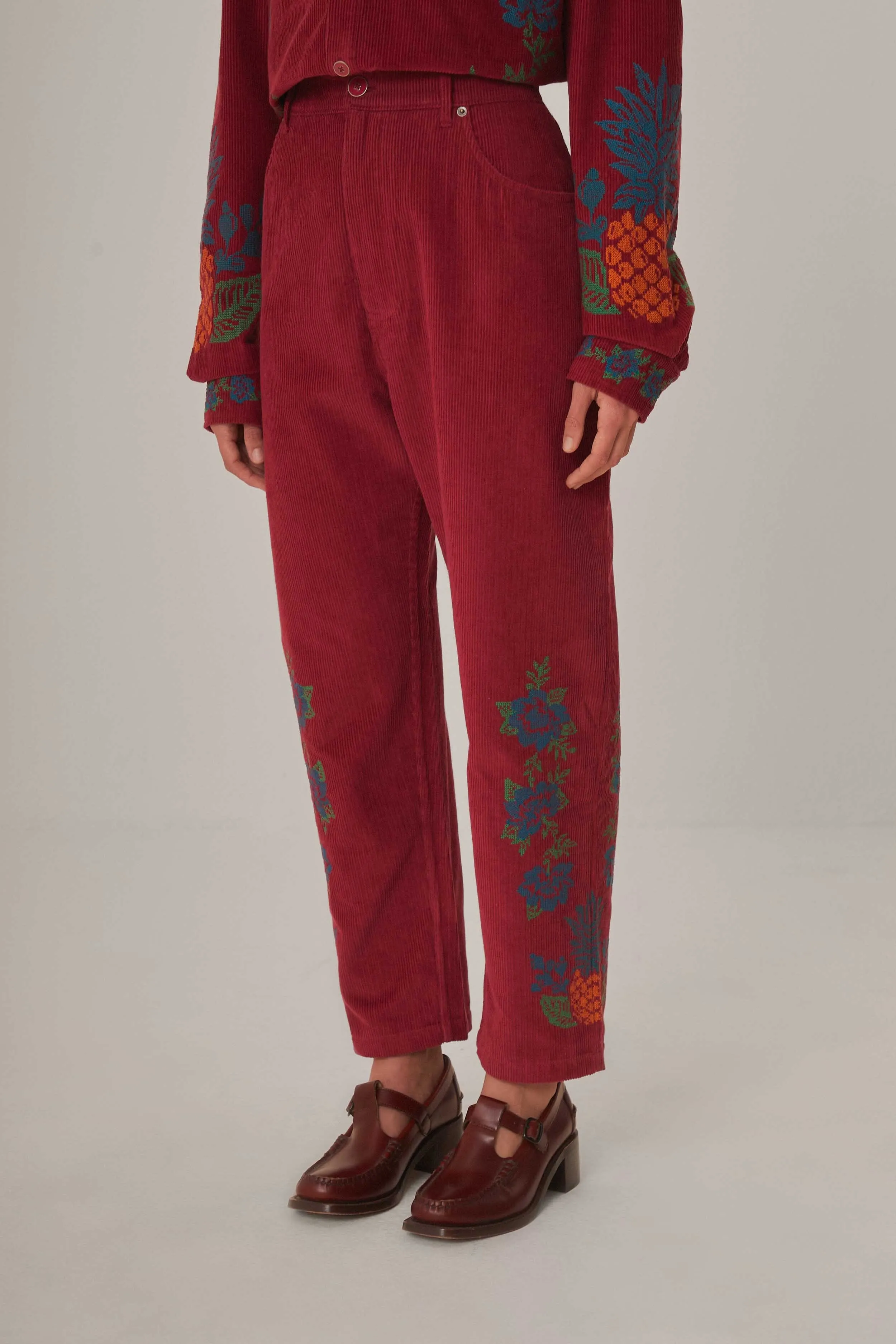 Pink Corduroy Embroidered Pants Timeless Comfort Wear