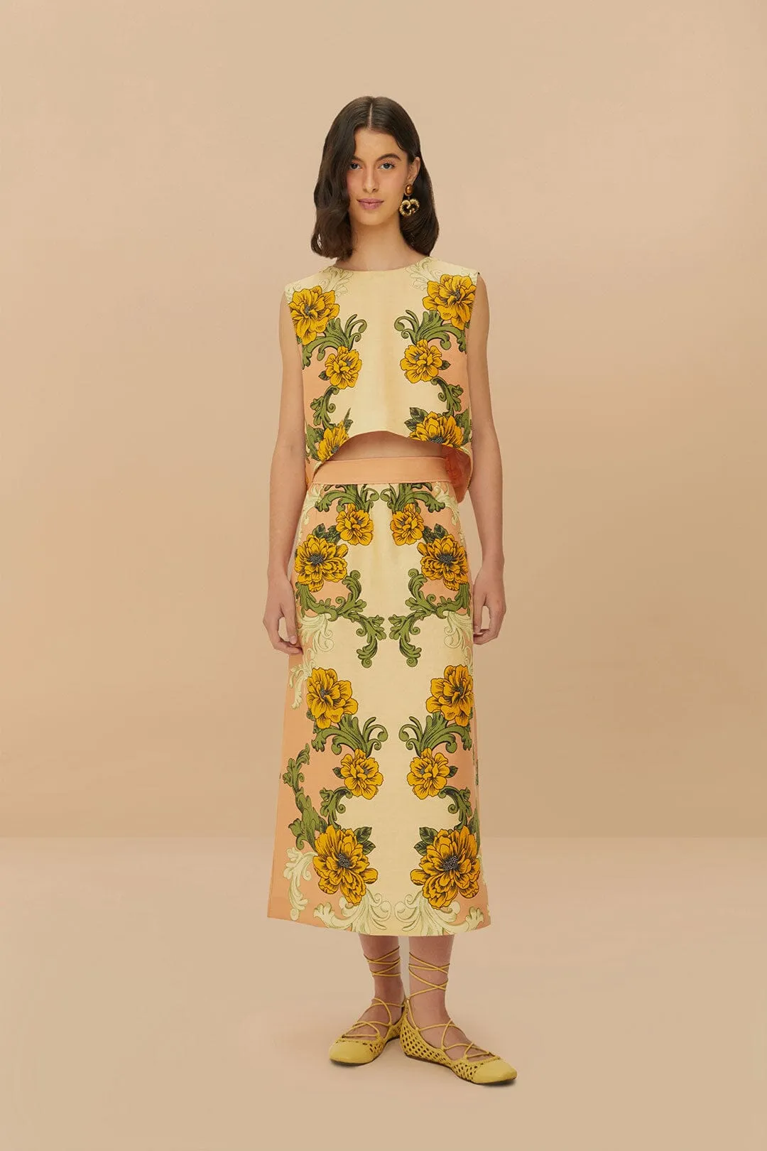 Pink Delicate Flower Arabesques Euroflax? Premium Linen Midi Skirt Refined Texture Light Flow