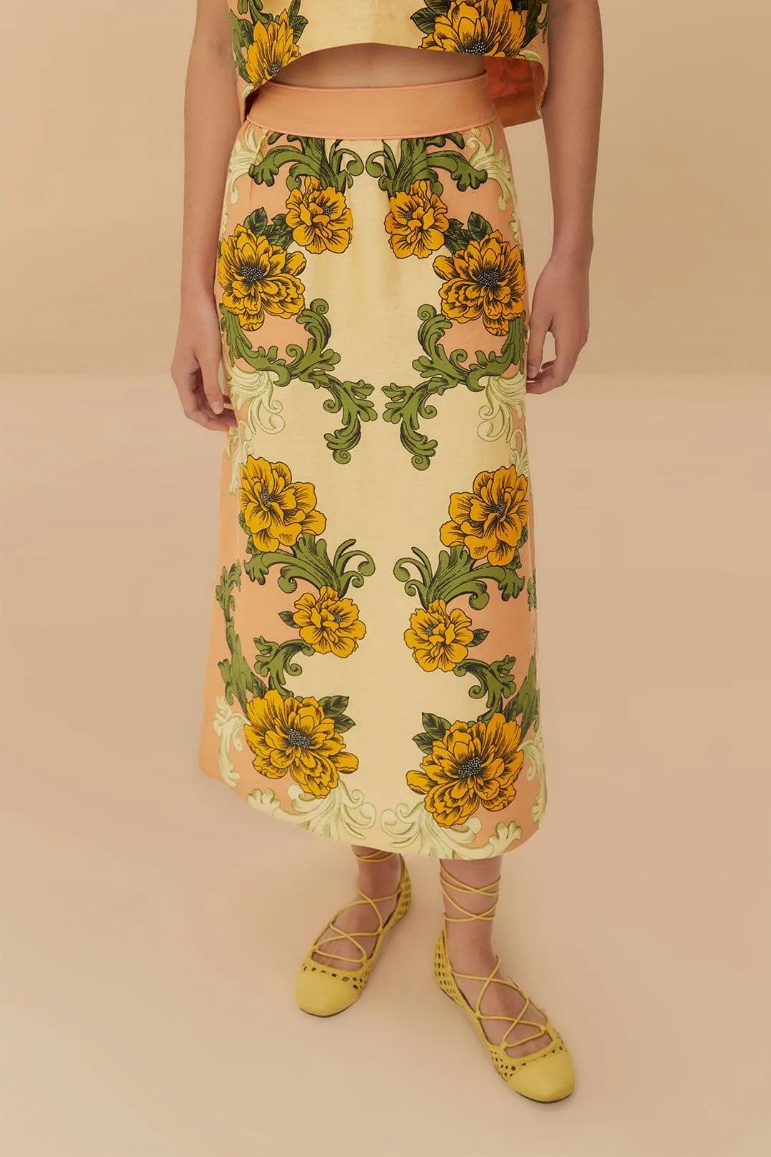 Lightweight Lining Pink Delicate Flower Arabesques Euroflax? Premium Linen Midi Skirt