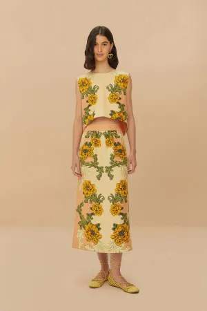 Pink Delicate Flower Arabesques Euroflax? Premium Linen Midi Skirt Refined Texture Light Flow