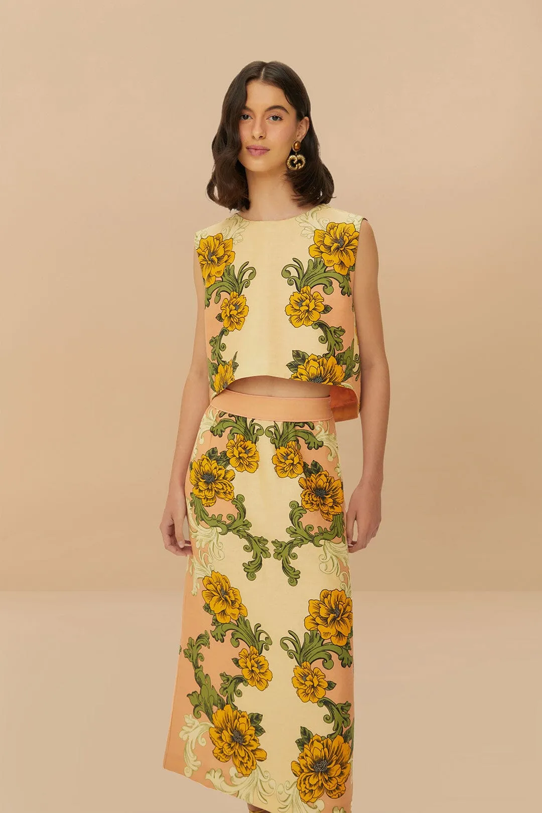 Airy Look Water Repellent Finish Pink Delicate Flower Arabesques Euroflax? Premium Linen Midi Skirt